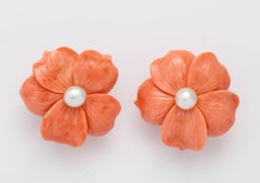 Donna Vock Carved Coral and Pearl Clip-On Earrings