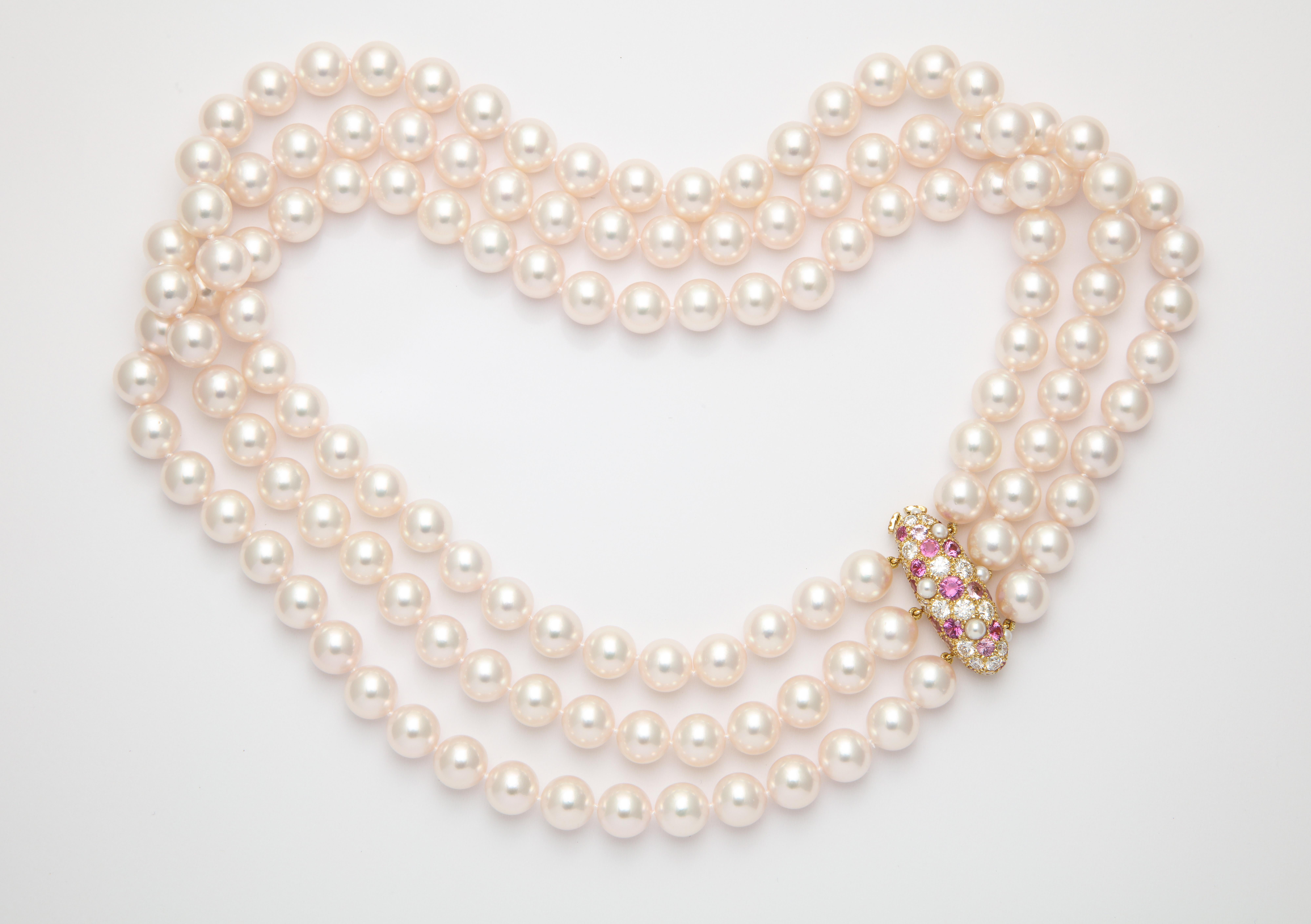 Round Cut Donna Vock Japanese Cultured Pearl Necklace with Pink Sapphire and Diamond Clasp For Sale