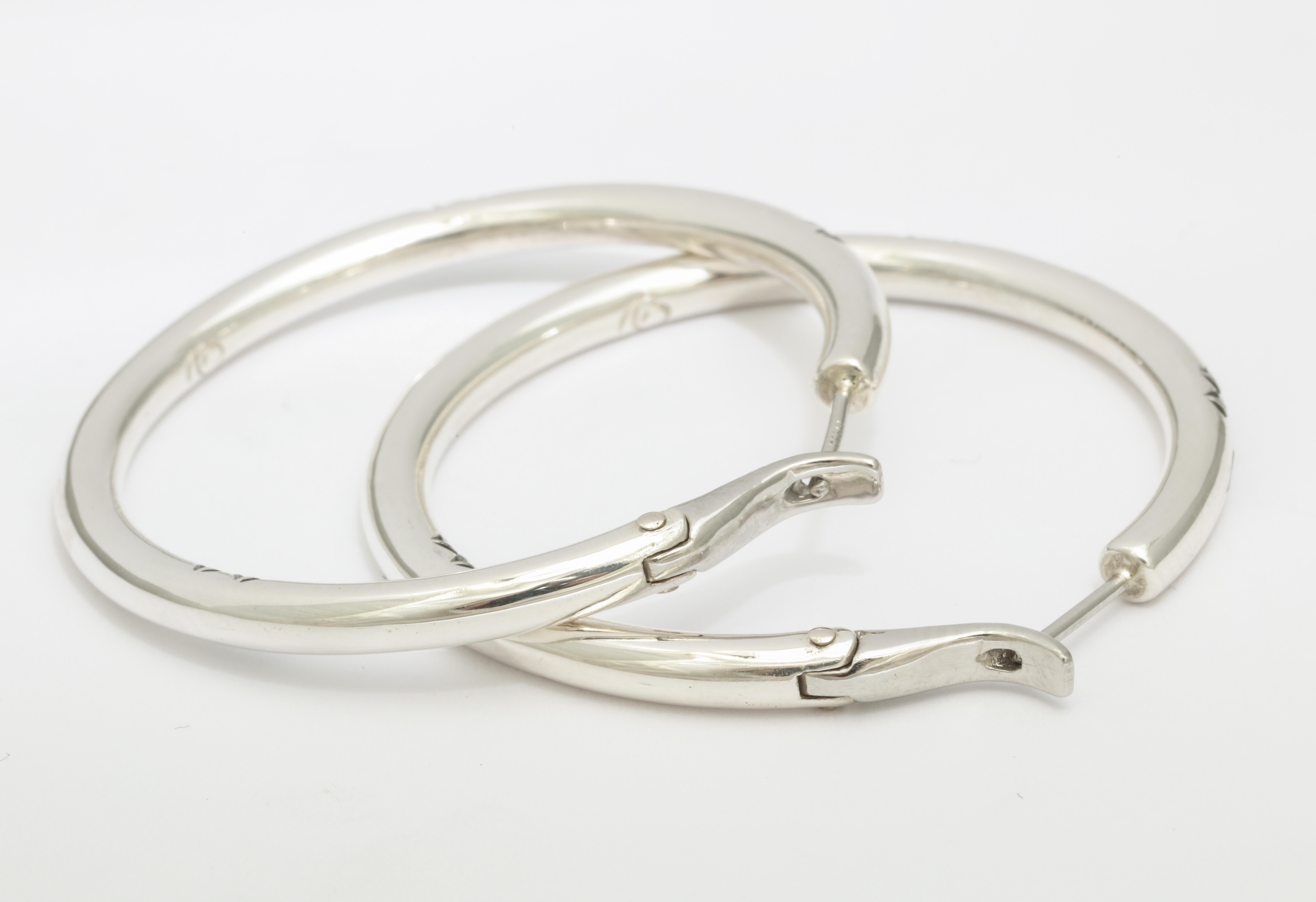 Contemporary Donna Vock Platinum and Silver Hoop Earrings with Diamonds For Sale