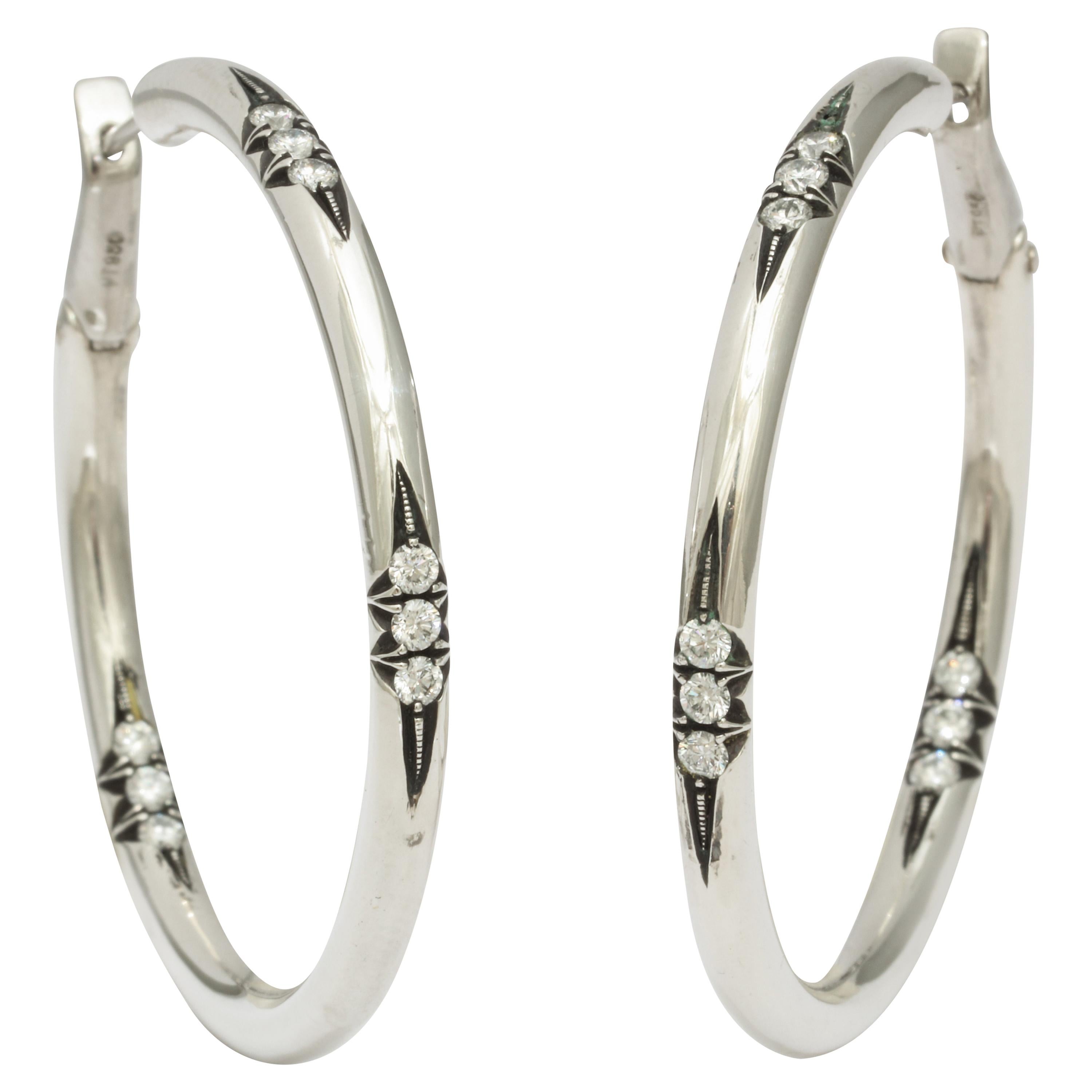 Donna Vock Platinum and Silver Hoop Earrings with Diamonds For Sale