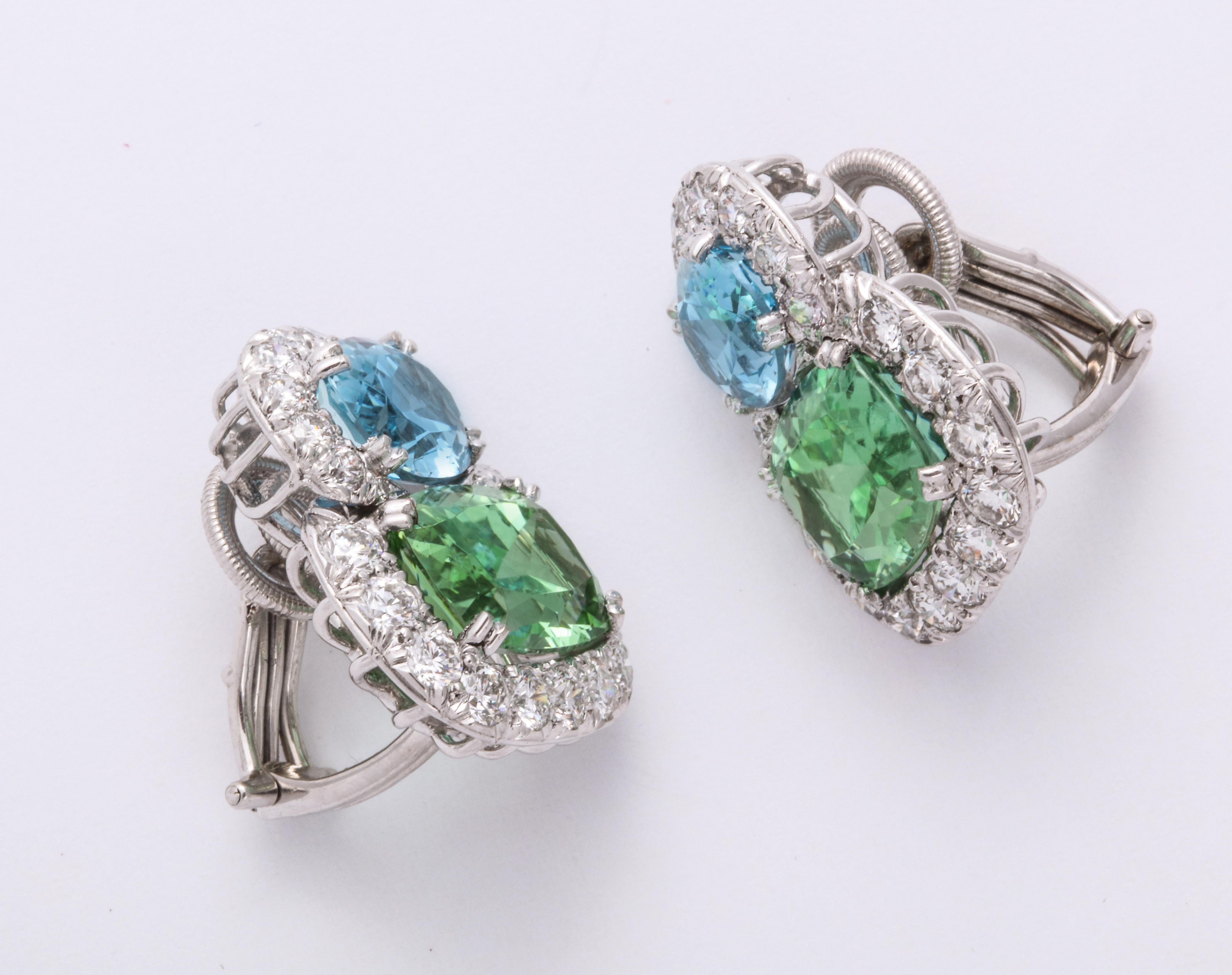 Cushion Cut Donna Vock Platinum Aquamarine, Tourmaline and Diamond Clip-On Earrings