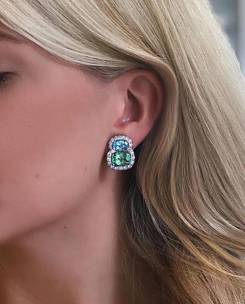 Donna Vock Platinum Aquamarine, Tourmaline and Diamond Clip-On Earrings In New Condition In New York, NY