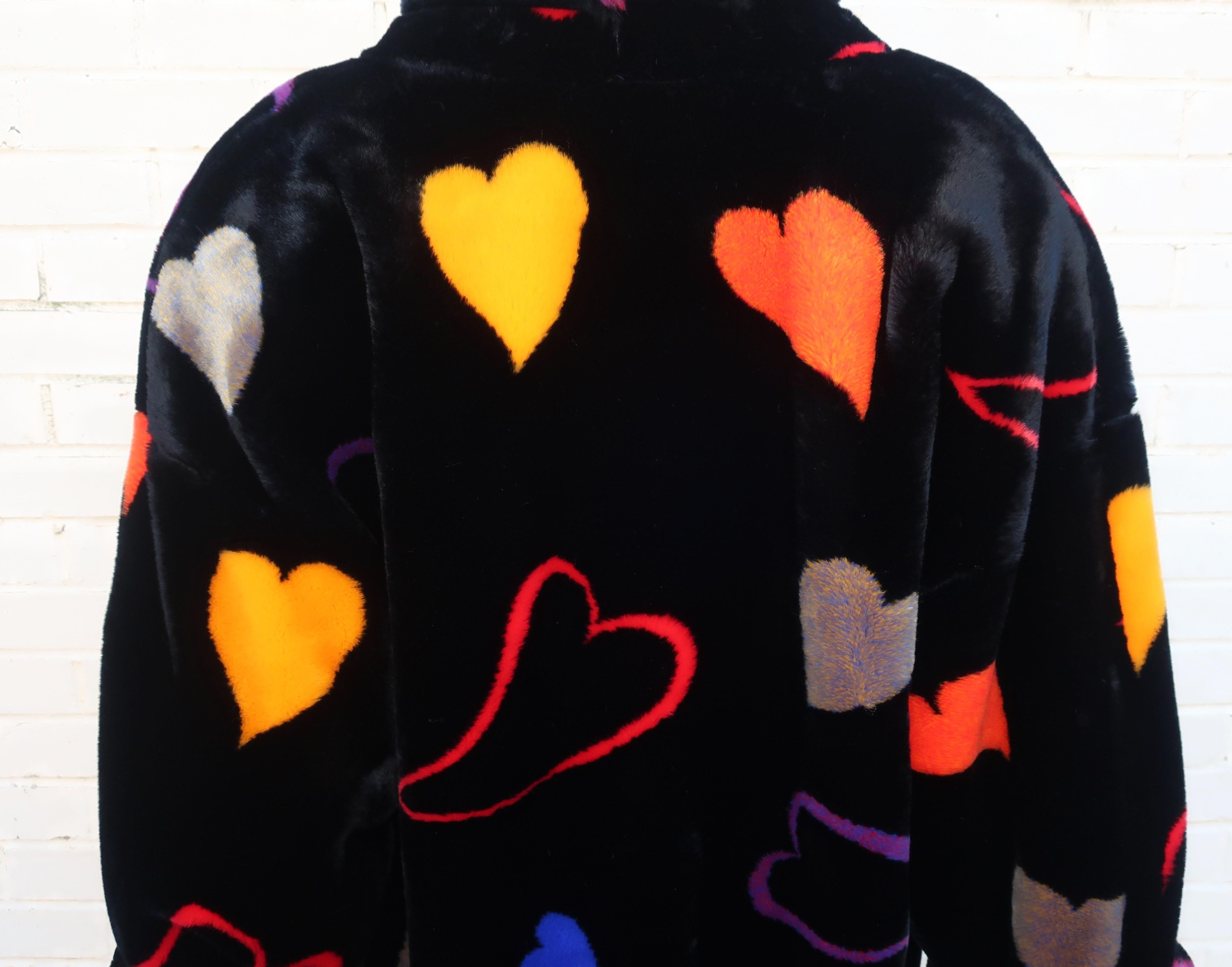 Donnybrook Black Faux Fur Teddy Coat With Hearts Motif, 1980’s For Sale 6
