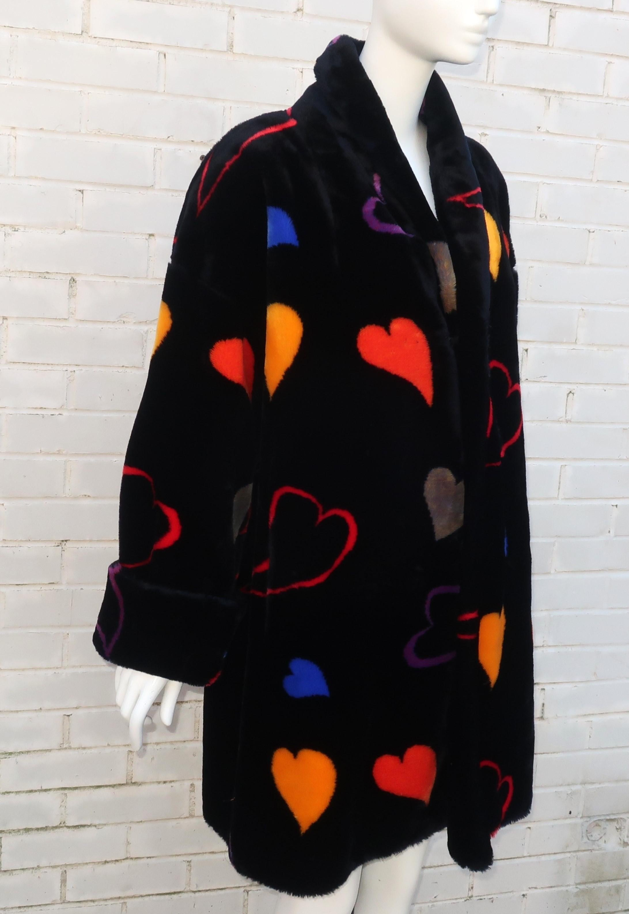 Donnybrook Black Faux Fur Teddy Coat With Hearts Motif, 1980’s In Good Condition For Sale In Atlanta, GA