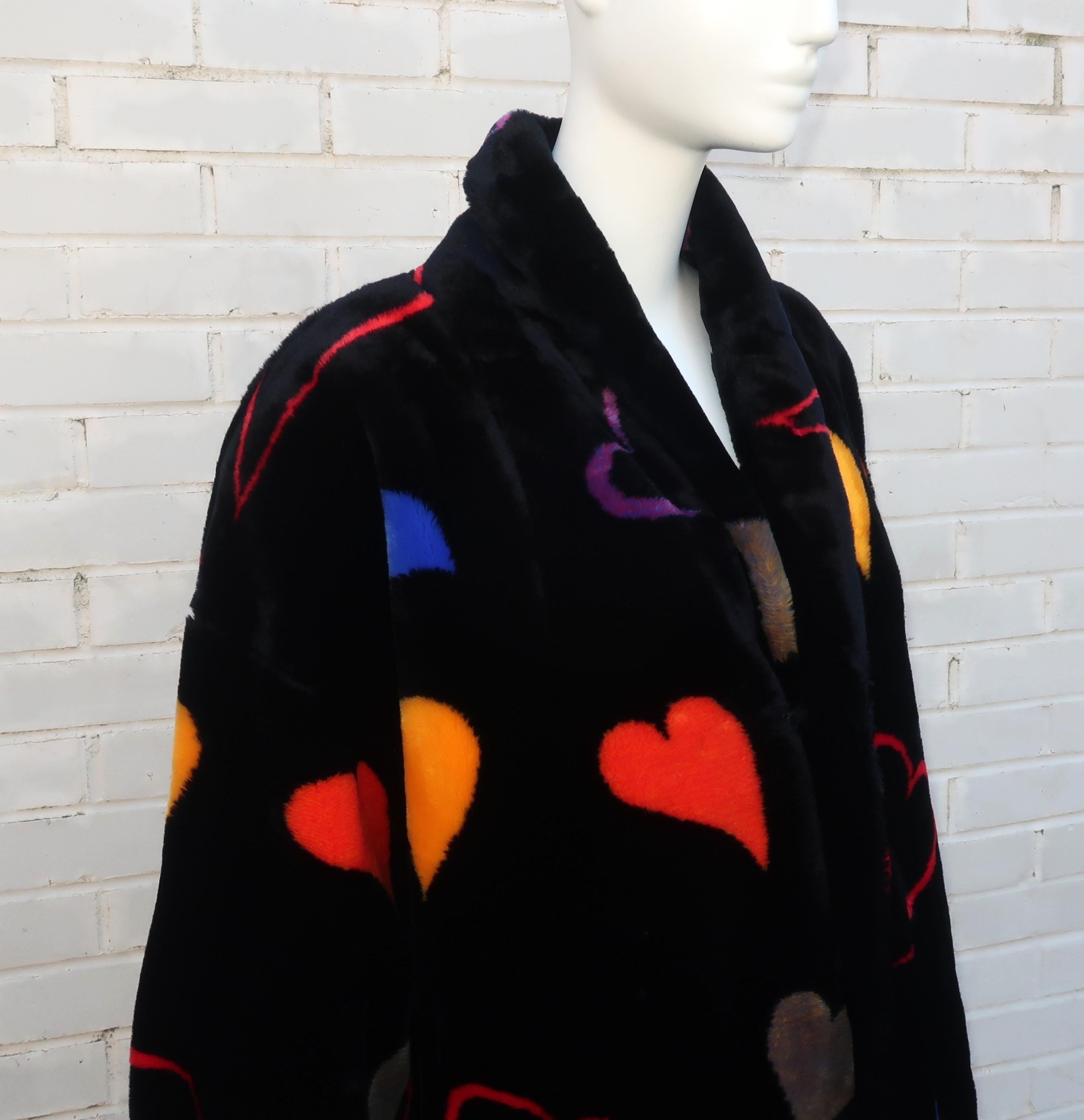 Women's Donnybrook Black Faux Fur Teddy Coat With Hearts Motif, 1980’s For Sale