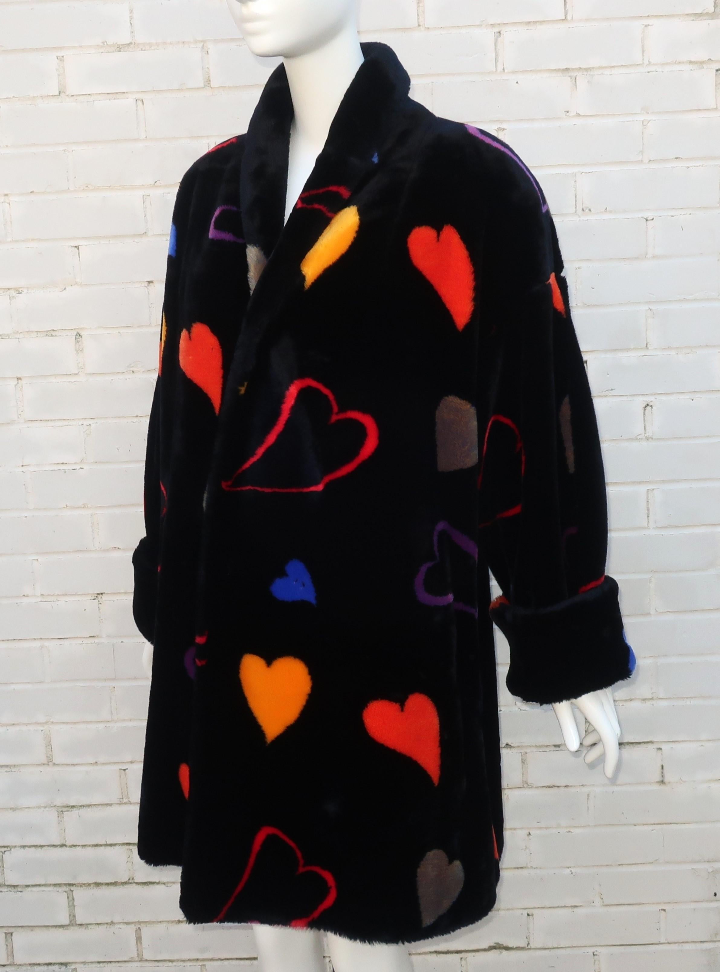 Donnybrook Black Faux Fur Teddy Coat With Hearts Motif, 1980’s For Sale 1