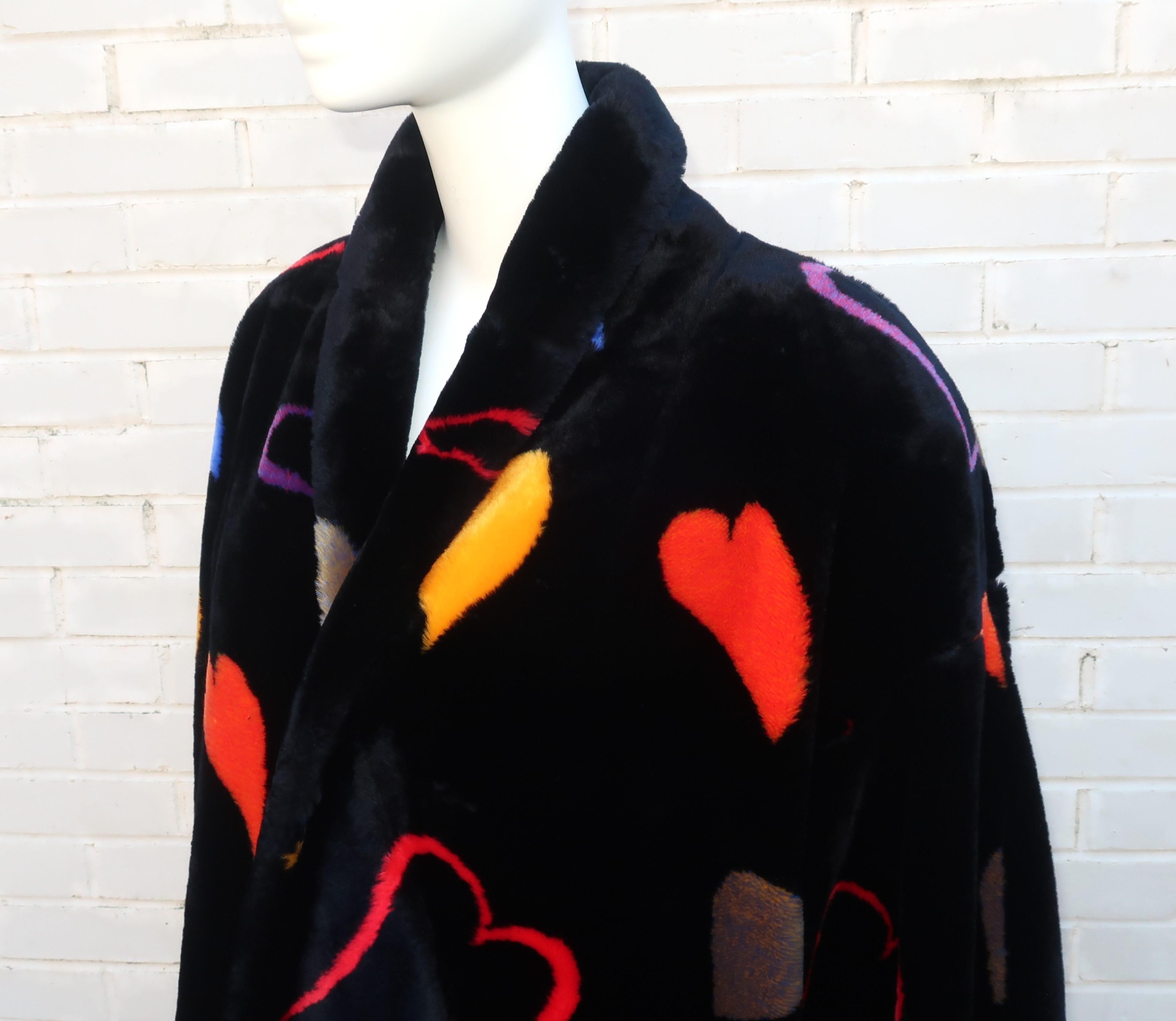 Donnybrook Black Faux Fur Teddy Coat With Hearts Motif, 1980’s For Sale 2
