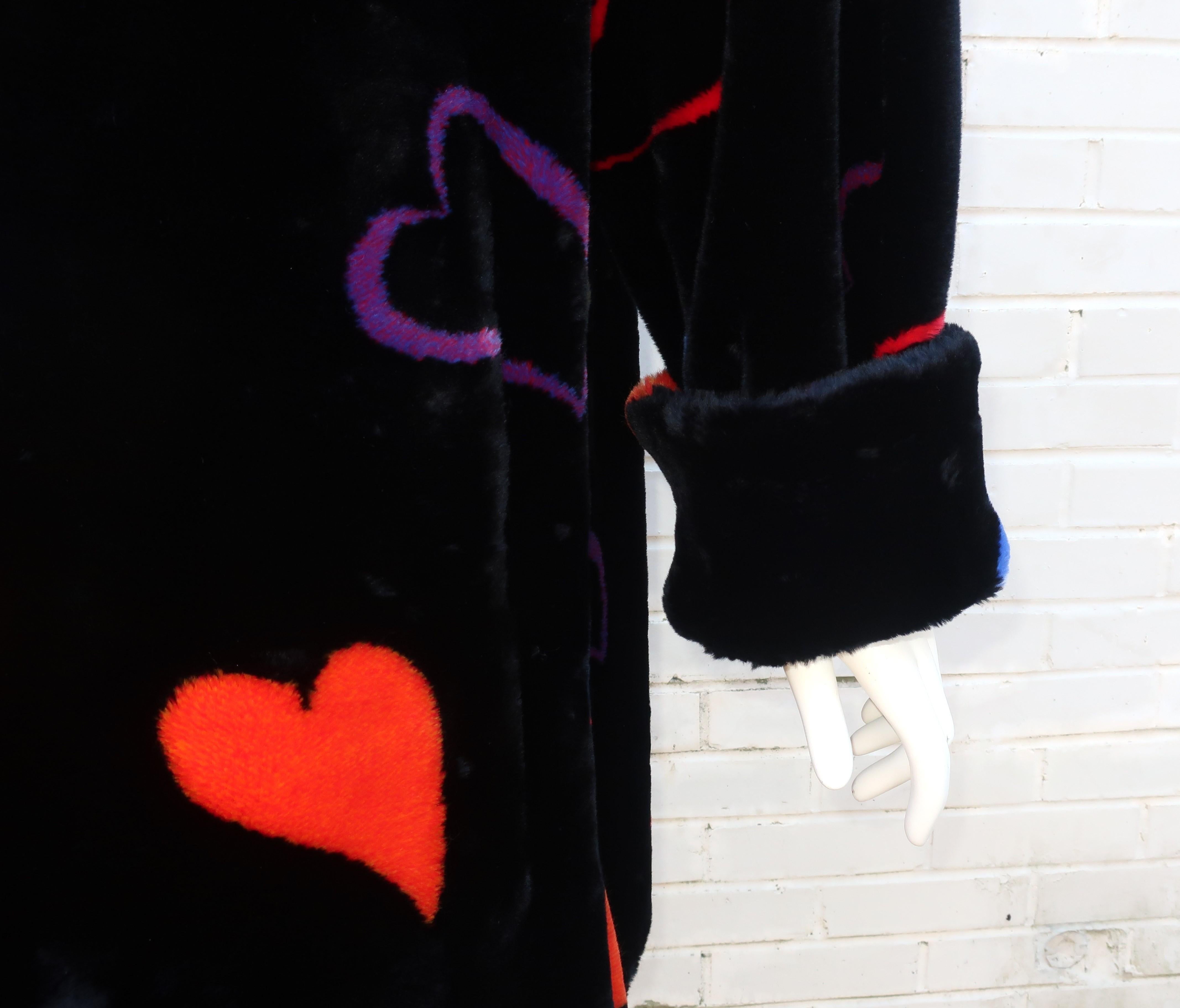 Donnybrook Black Faux Fur Teddy Coat With Hearts Motif, 1980’s For Sale 3