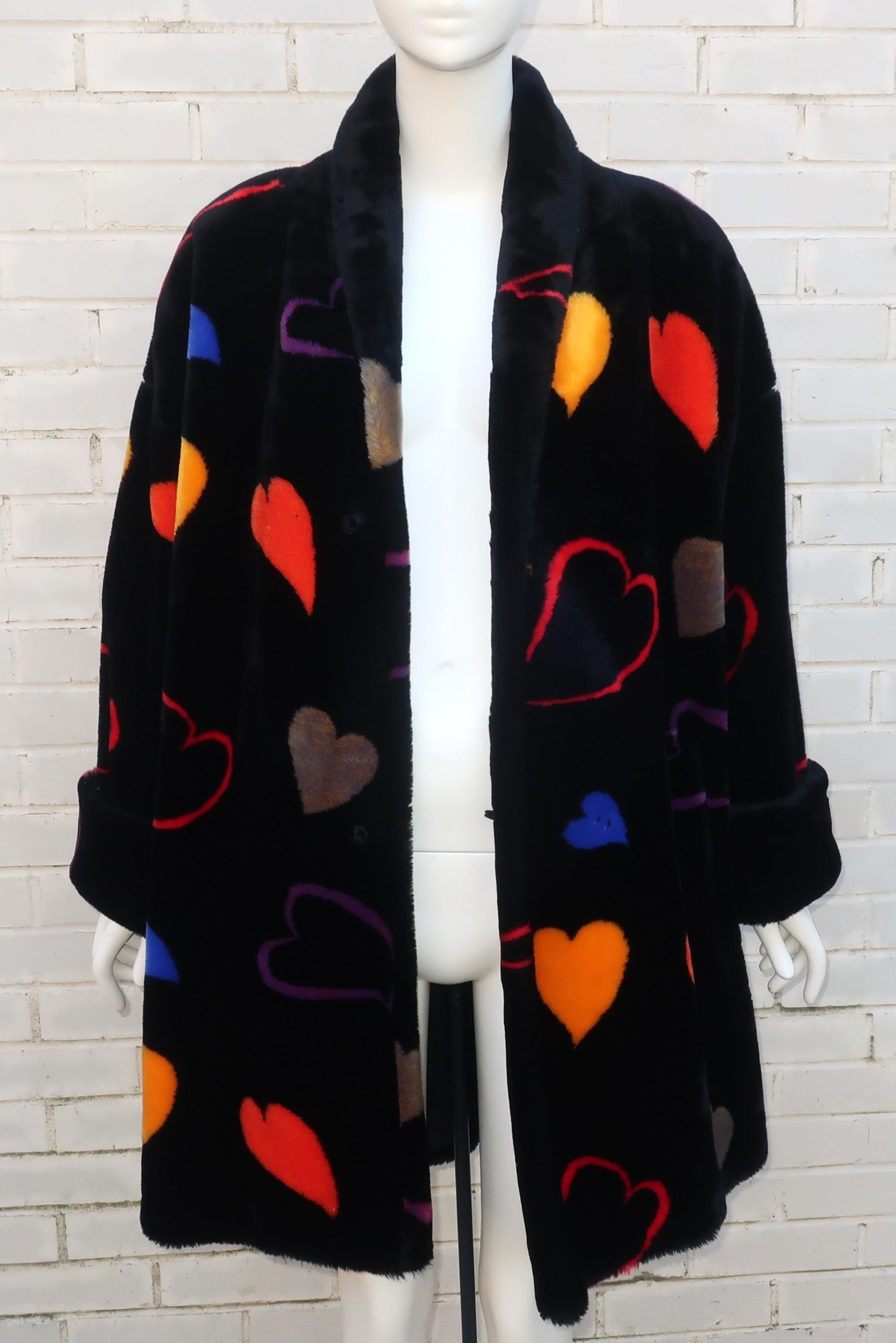 Donnybrook Black Faux Fur Teddy Coat With Hearts Motif, 1980’s For Sale 4