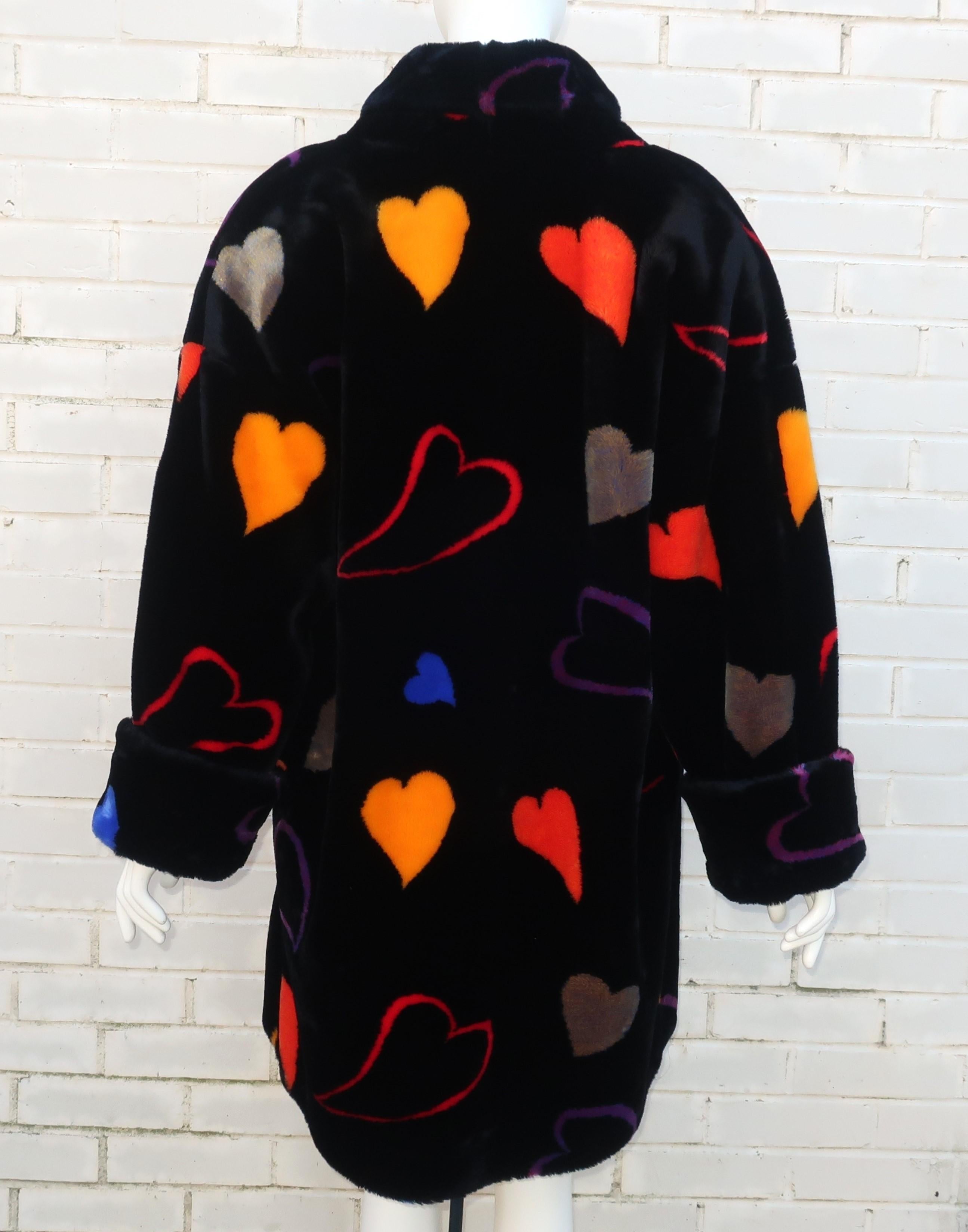 Donnybrook Black Faux Fur Teddy Coat With Hearts Motif, 1980’s For Sale 5