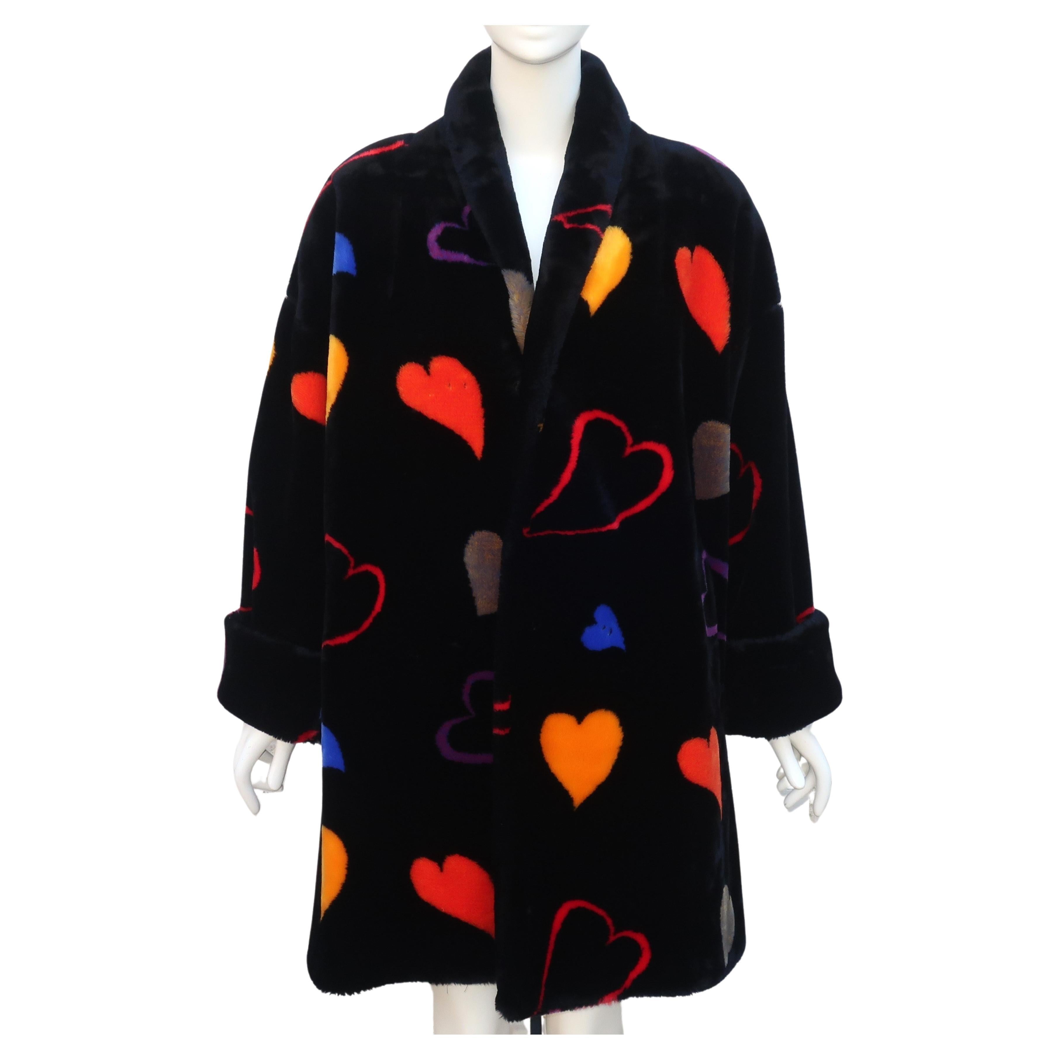 Donnybrook Black Faux Fur Teddy Coat With Hearts Motif, 1980’s For Sale