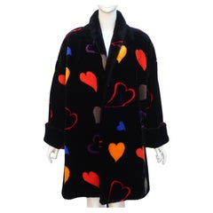 Vintage Donnybrook Black Faux Fur Teddy Coat With Hearts Motif, 1980’s