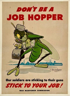 DON'T BE A JOB HOPPER Raro poster originale di propaganda bellica della seconda guerra mondiale DISNEY
