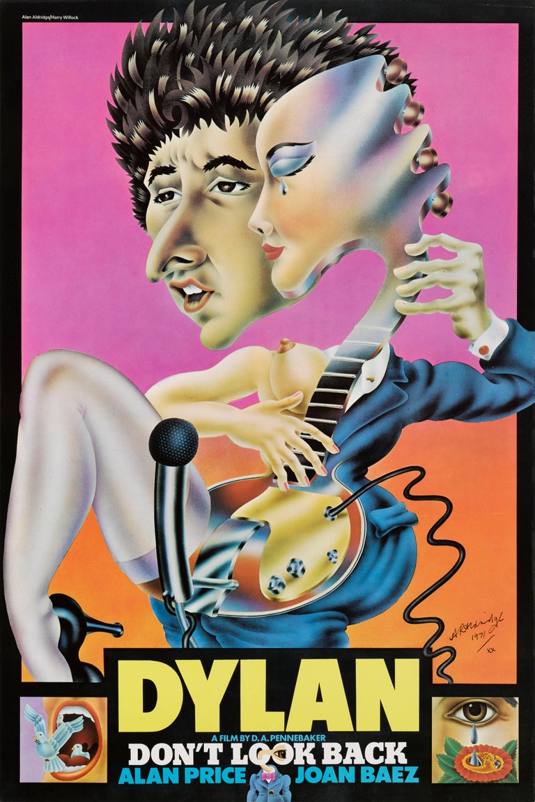 Original British film poster D. A. Pennebakers 1967 documentary about Bob Dylan's 1965 concert tour in England also starring Joan Baez. The artwork on this poster is by British artist Alan Aldridge (b.1943) and is also signed by him.
 