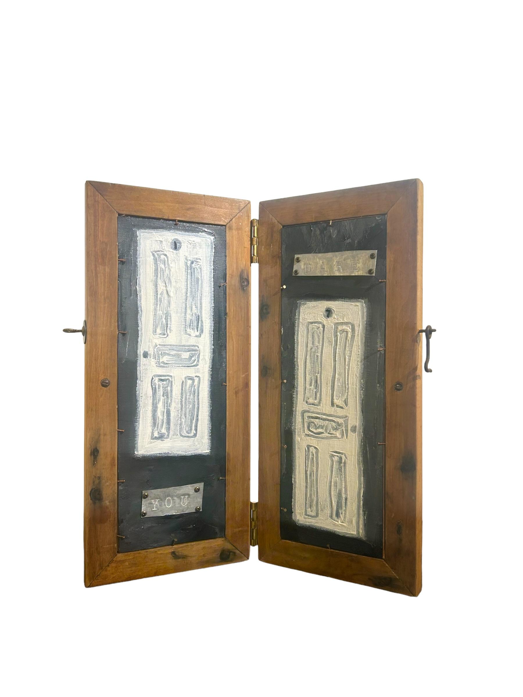Self-taught artist John Seubert, AKA John Dolly, repurposes objects he uncovers as he rehabs older homes in Chicago. Here, multiple paintings depicting doors are hinged together with stamped title plates. When 
