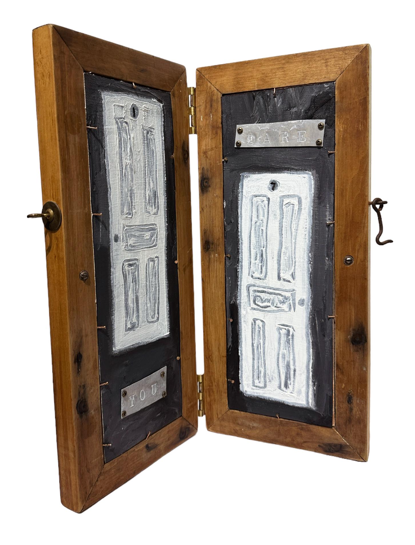 Reclaimed Wood Don't You Dare - Multi-Panel Folding Door Painting, Objet D'art For Sale