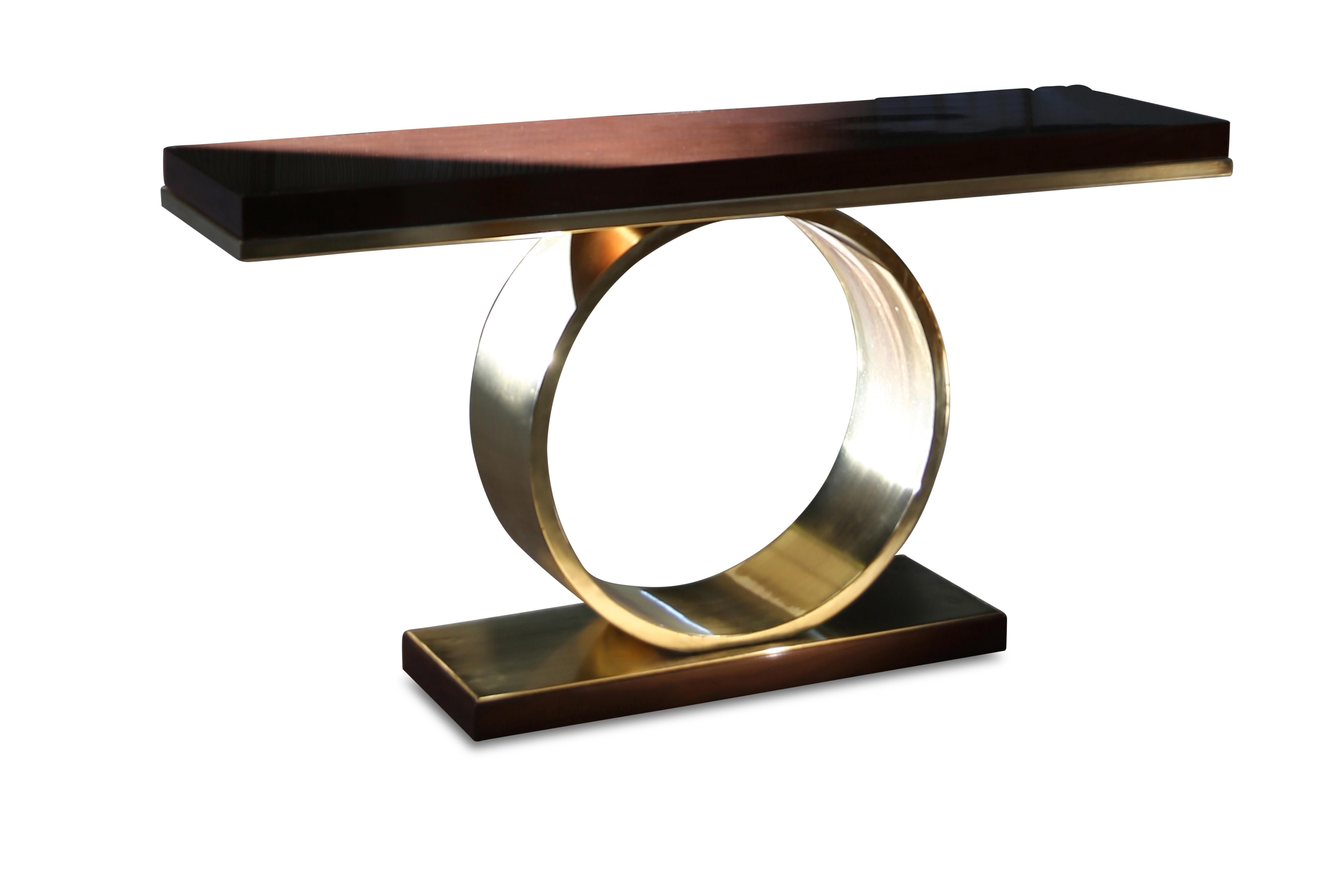 Table console sculpturale Donte en bronze poli et bois de Costantini