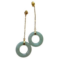 Donut Hoops Drop and Dangle Burmese A-Jade Earrings (with 18K Yellow Gold)