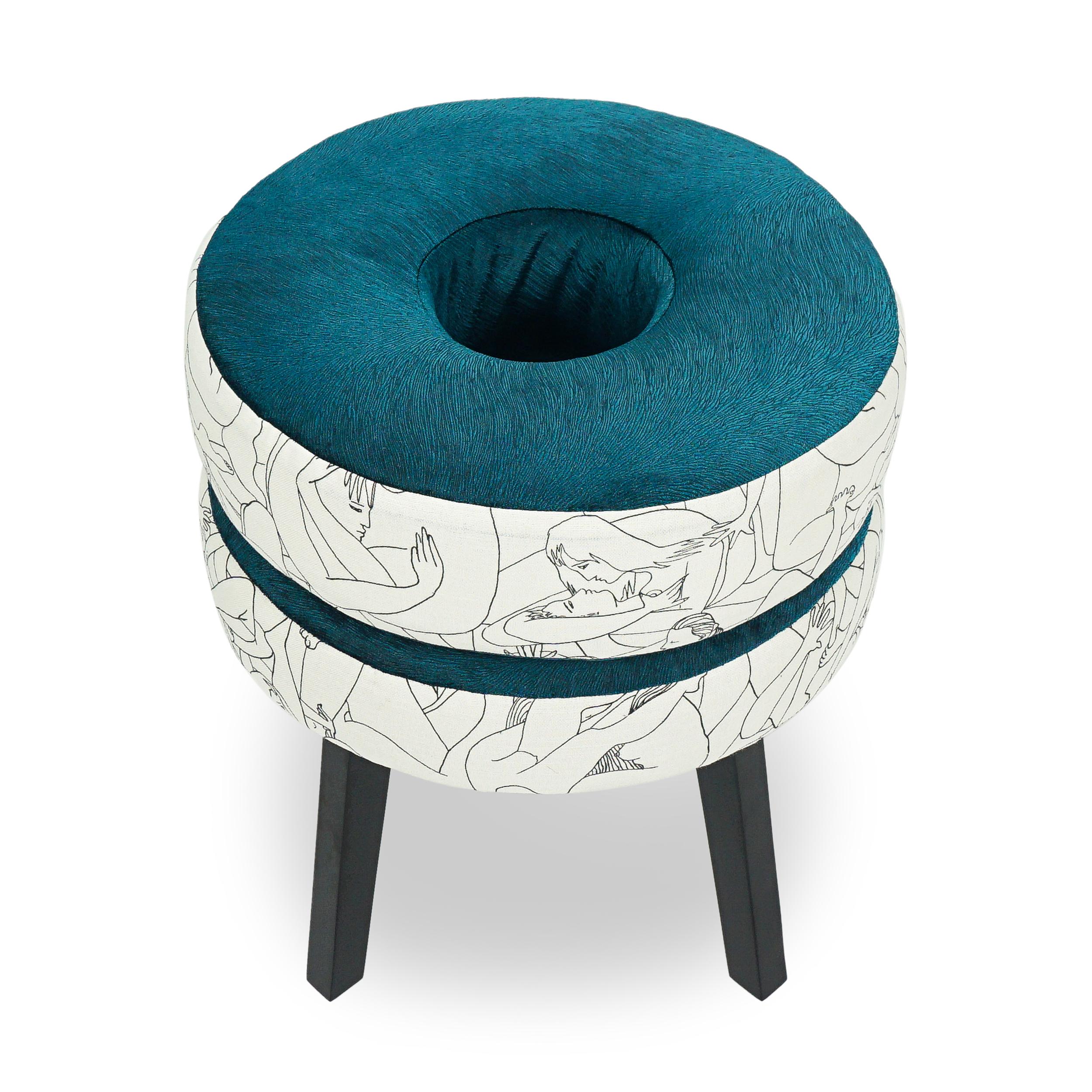 Donut shaped ottoman with black lacquered hard maple frame, performance teal feathered velvet seat and Pierre Frey naughty orgy printed linen. A bold statement of sex positivity.

Measurements:
Overall: 16”Dia. x 18”H

Price As Shown: $1,820