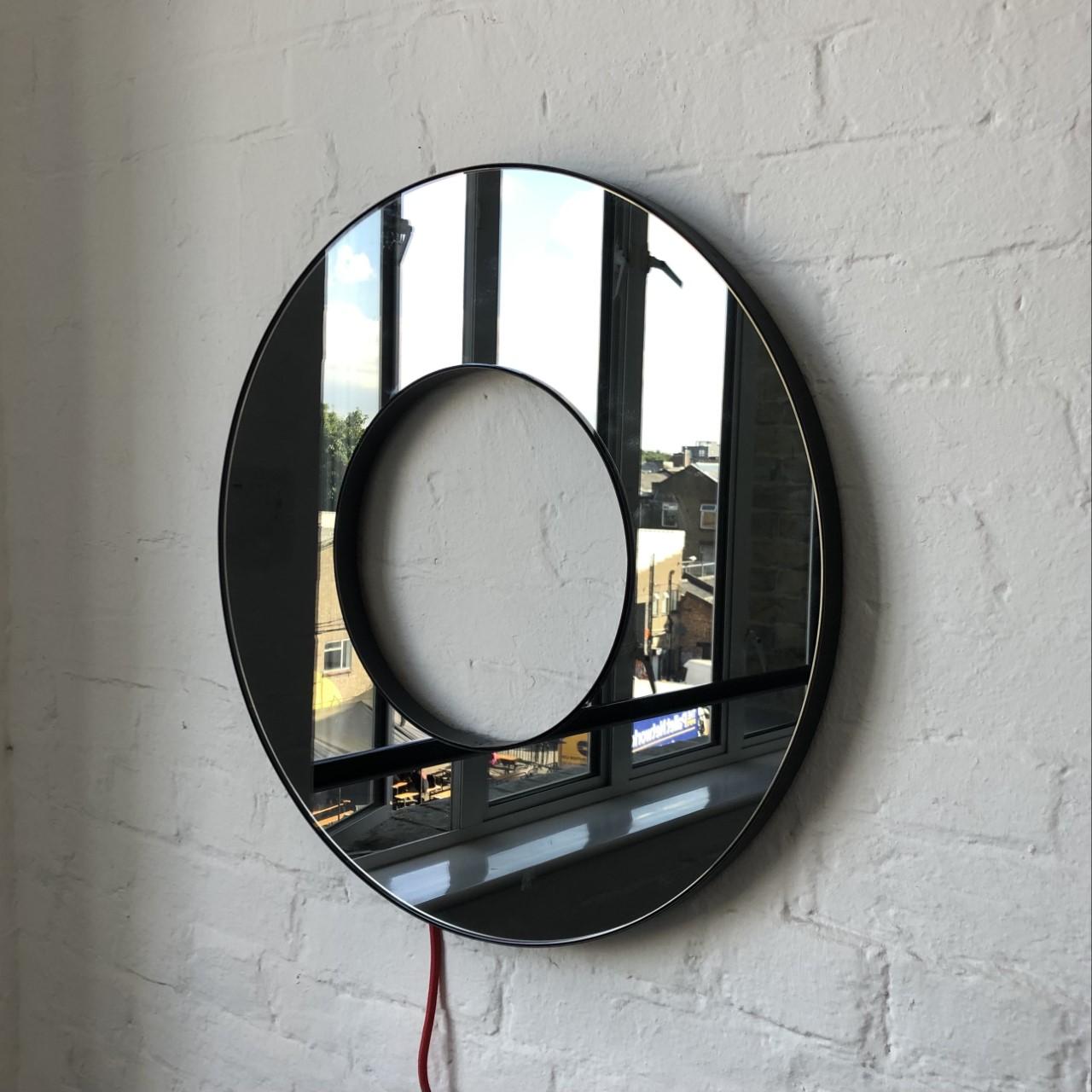 In Stock Donut Round Black Tinted Back Illuminated Contemporary Mirror, Medium For Sale 1