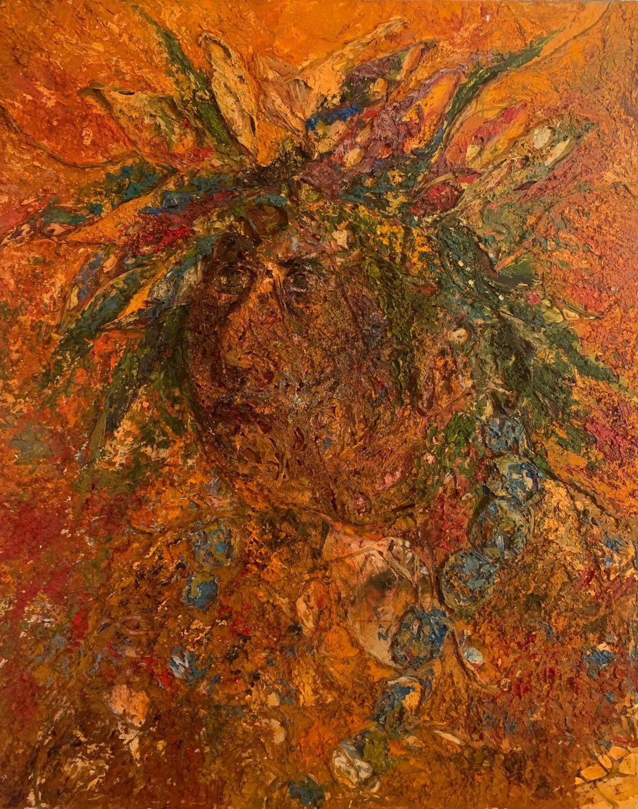 “Dooling’s ‘A Maya Woman’ is a striking testament to the artist’s mastery of mixed media, capturing the vibrant essence of a Maya woman with intricate line work and a symphony of colors. Bright orange, red, and yellow hues blend harmoniously to