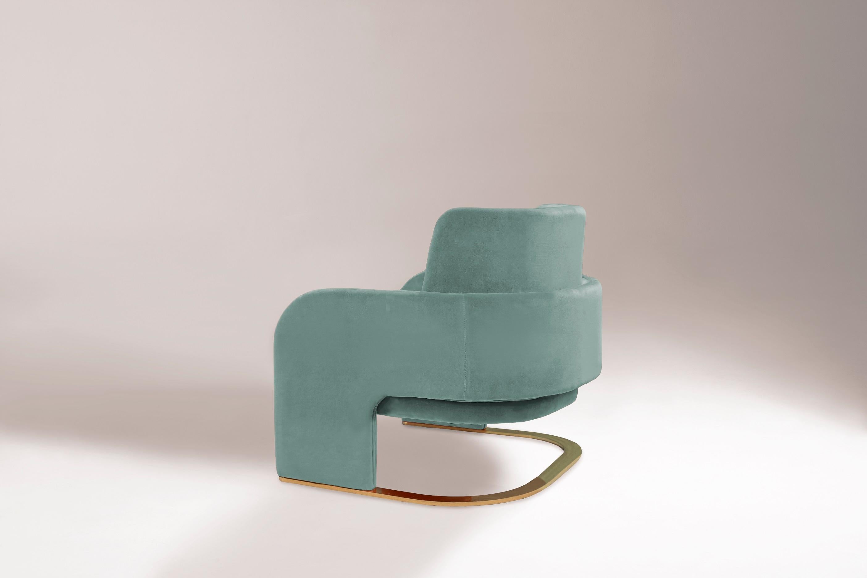 Mid-Century Modern DOOQ Armchair in Soft Celadon Velvet and Polished Brass Odisseia For Sale