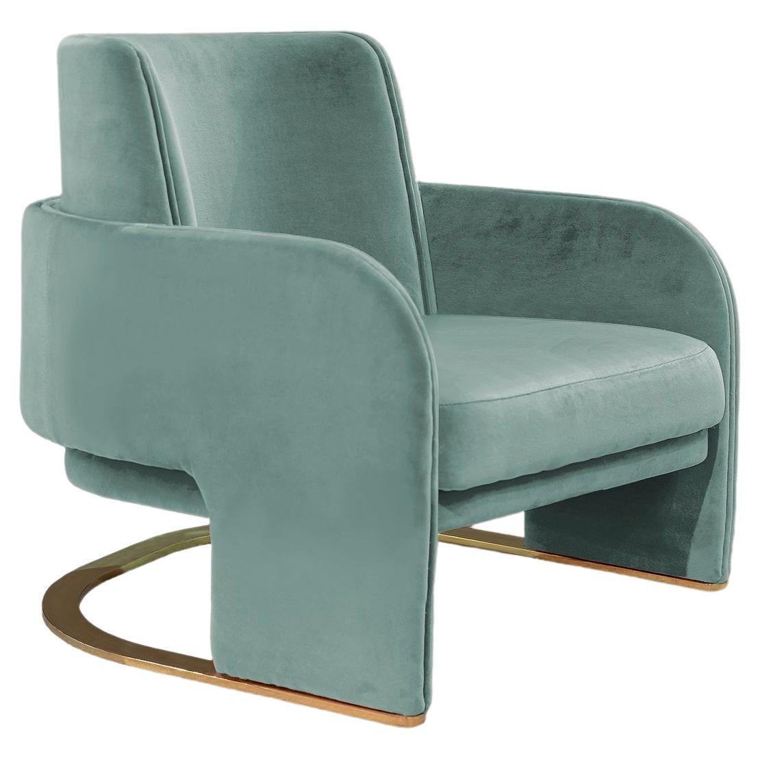 DOOQ Armchair in Soft Celadon Velvet and Polished Brass Odisseia For Sale
