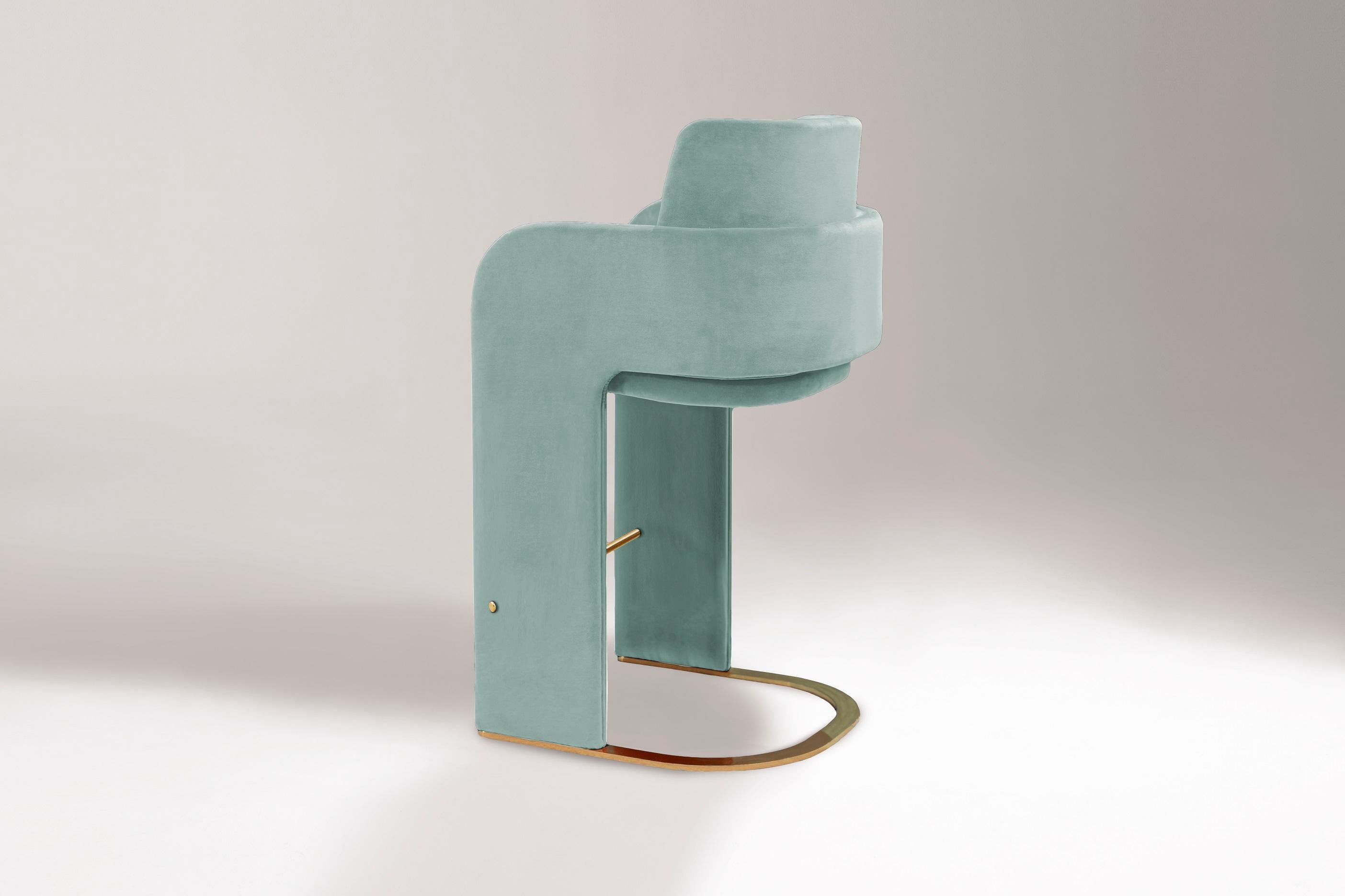 Mid-Century Modern DOOQ Bar Chair with Celadon Soft Velvet and Brass footrest Odisseia  For Sale