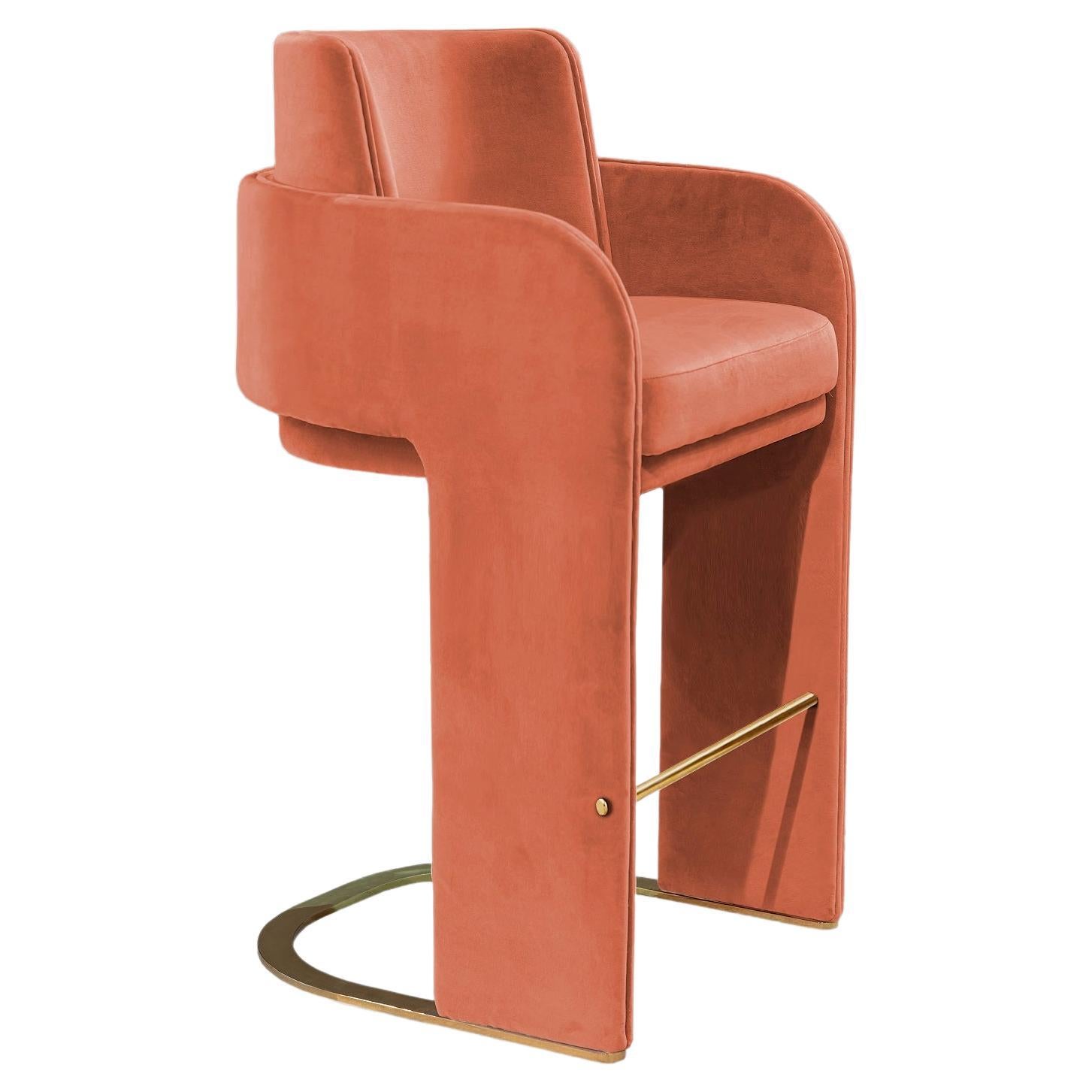 DOOQ Bar Chair with Terracotta Soft Velvet and Brass footrest Odisseia 