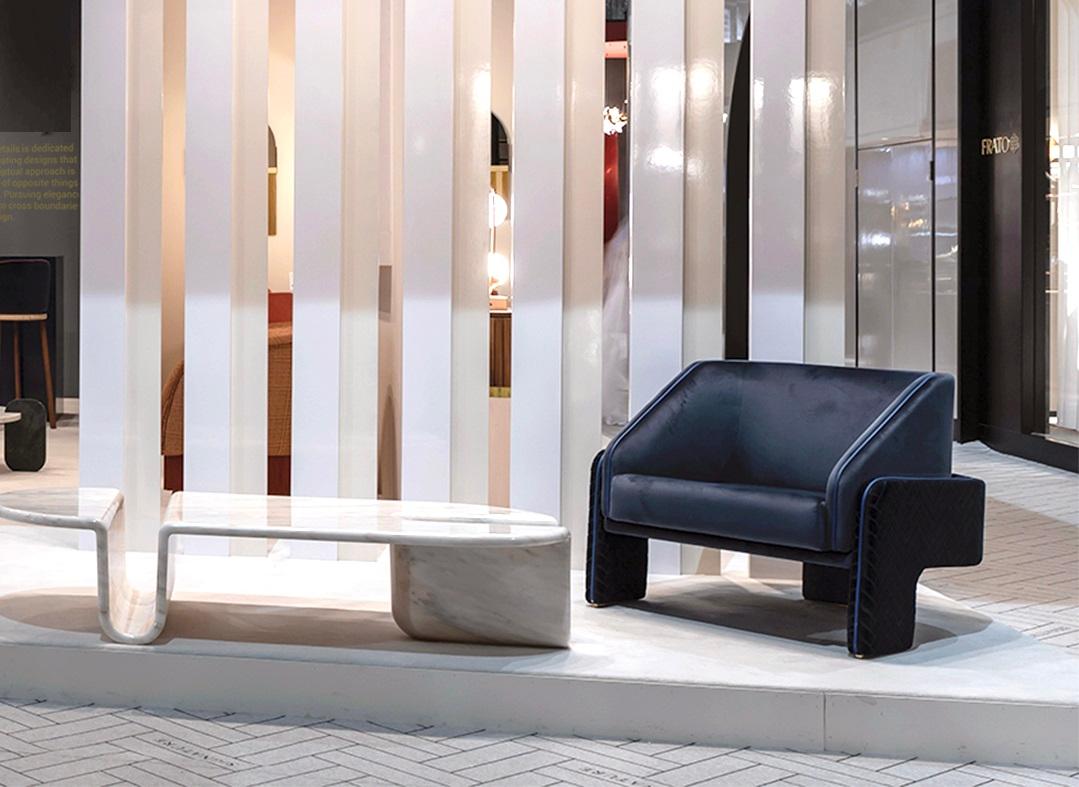 Polished DOOQ Bauhaus Inspired Armchair L'Unité with Brass Feet, Beige Cotton Velvet For Sale