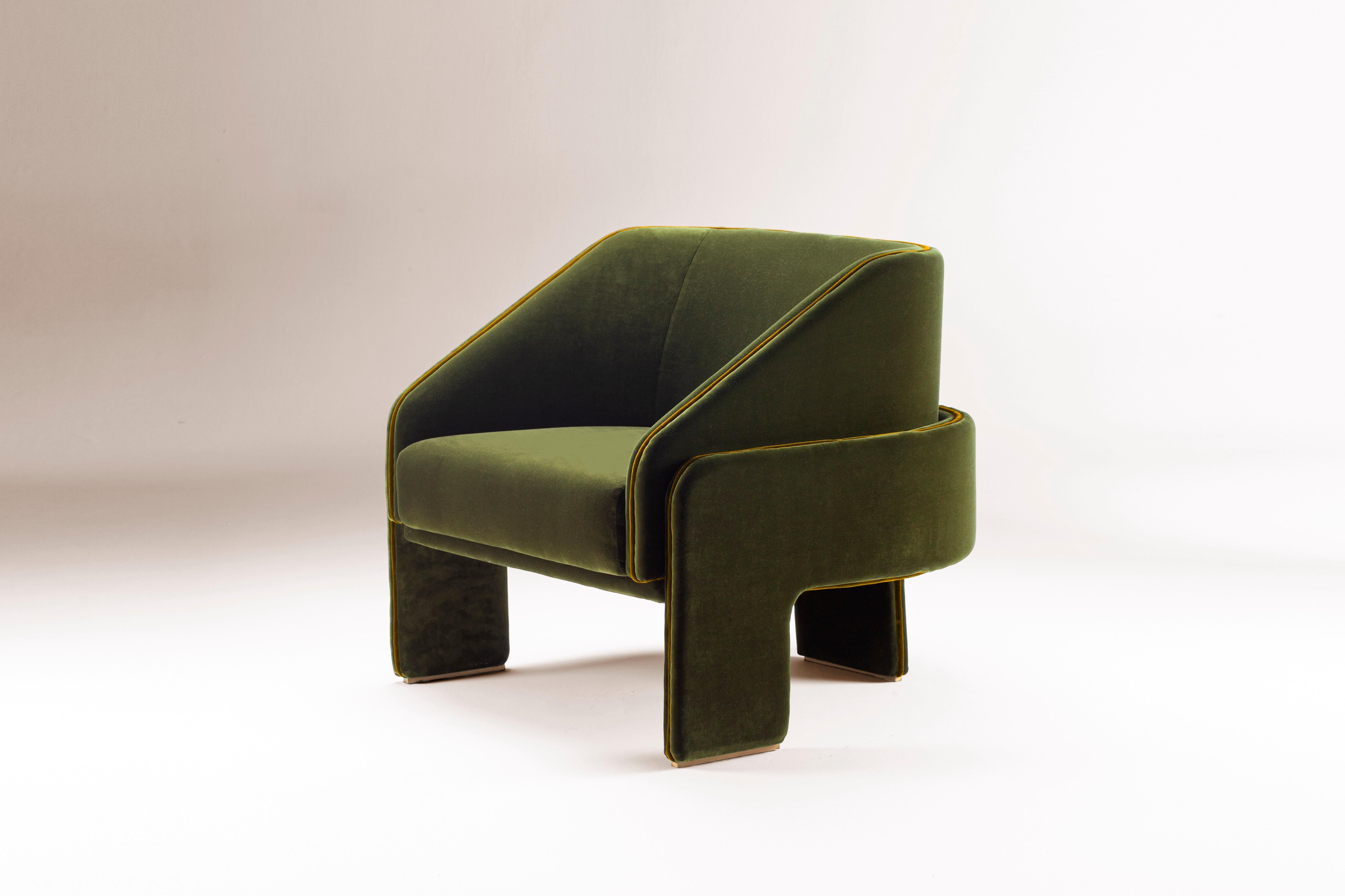 Der Sessel L'Unité ist proportional und skulptural, perfekt auf den menschlichen Maßstab abgestimmt. Es versammelt starke, gepolsterte Formen, die leicht auf eleganten Ständern ruhen. Ein Werk, das das Auge und die Fantasie anregt, inspiriert vom