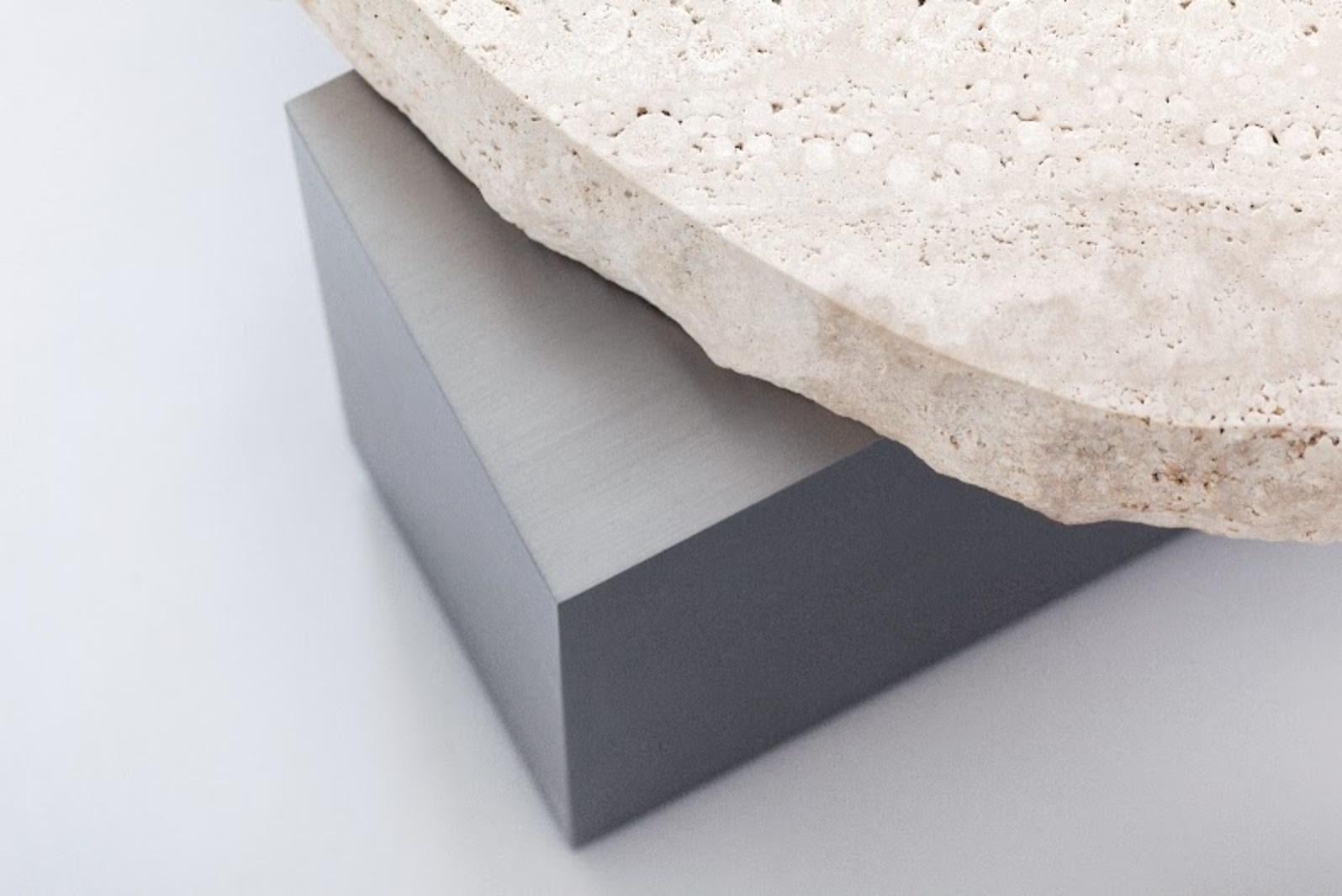 DOOQ Center Table in Travertine, Metal and Wood details. For Sale 4