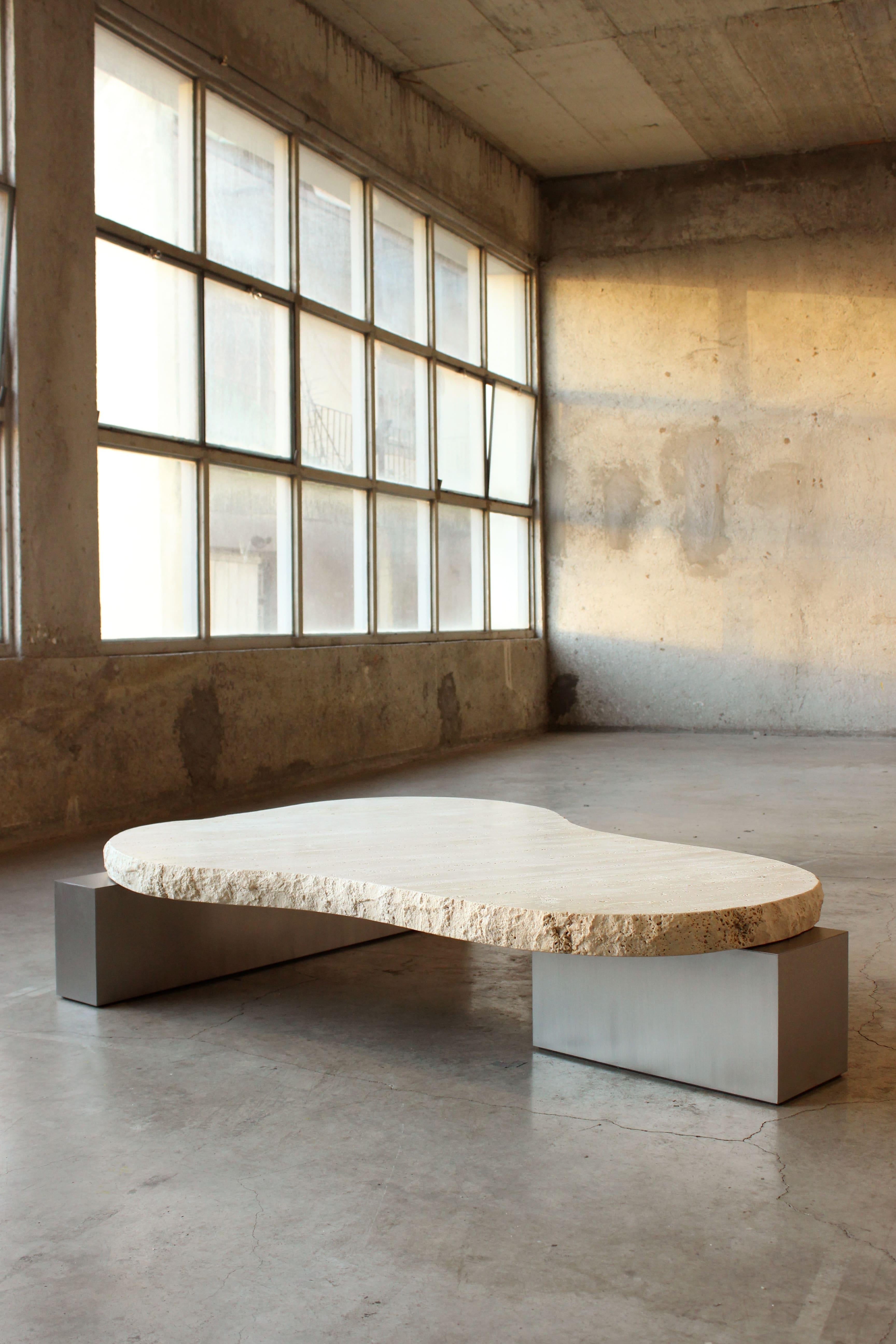 DOOQ Center Table in Travertine, Metal and Wood details. For Sale 7