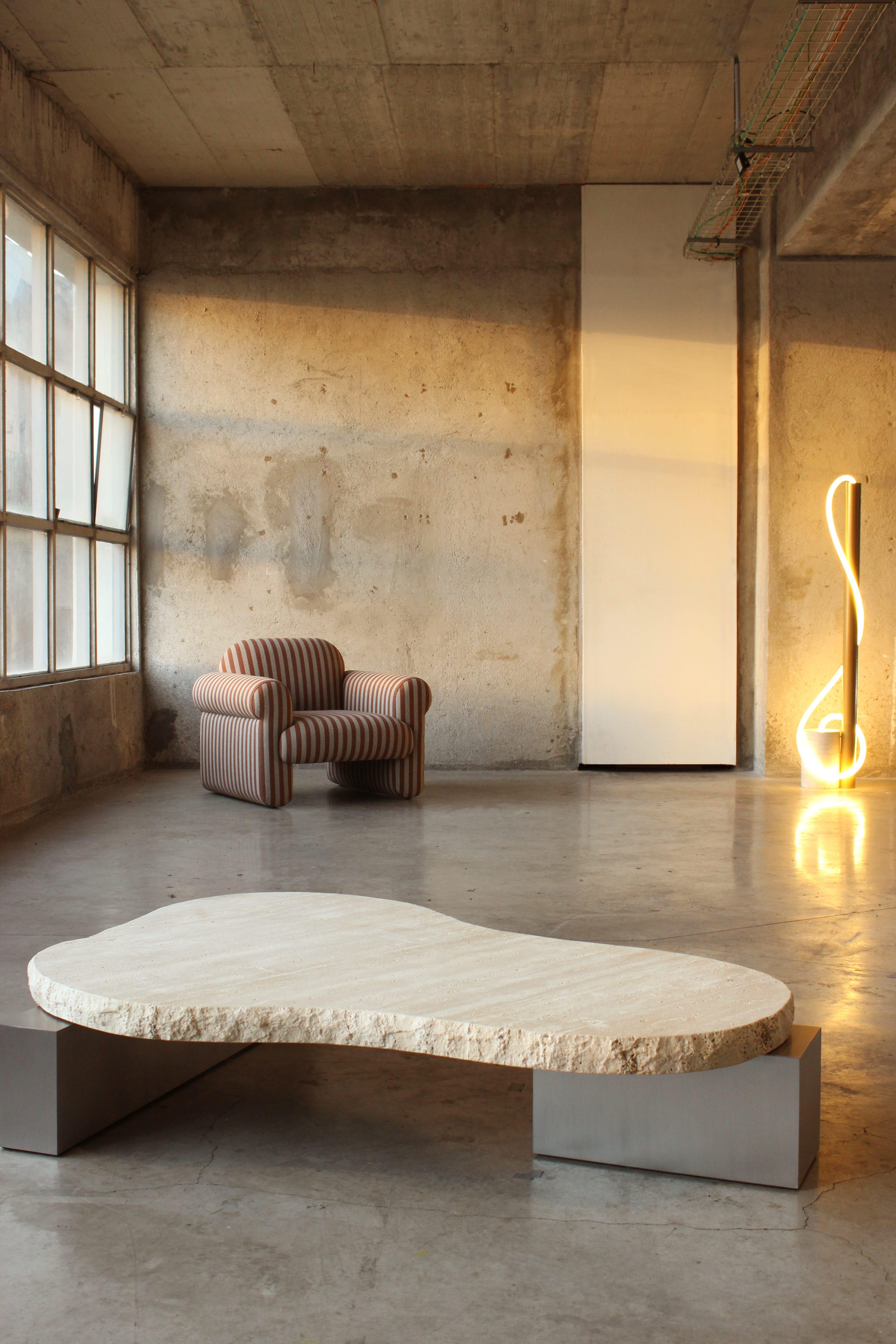 DOOQ Center Table in Travertine, Metal and Wood details. For Sale 8