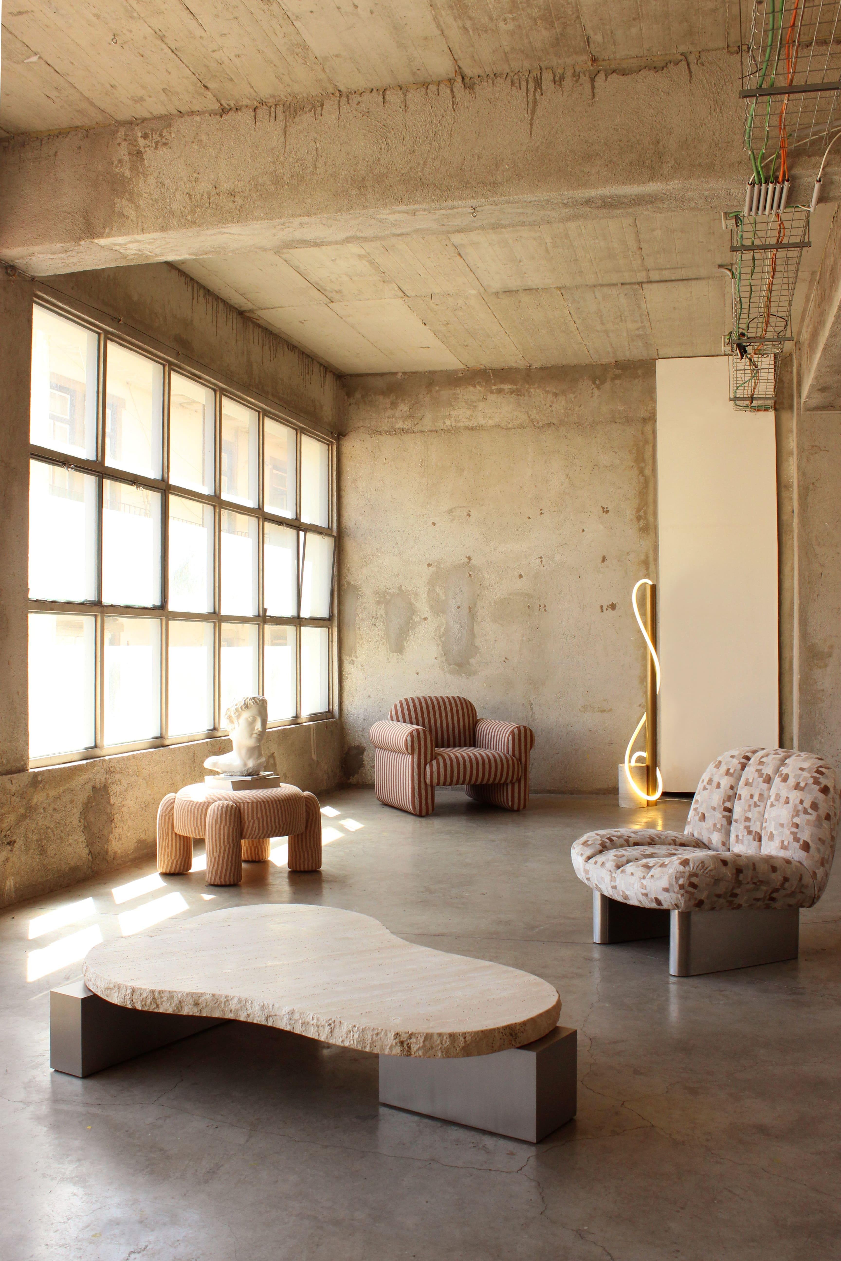 DOOQ Center Table in Travertine, Metal and Wood details. For Sale 9