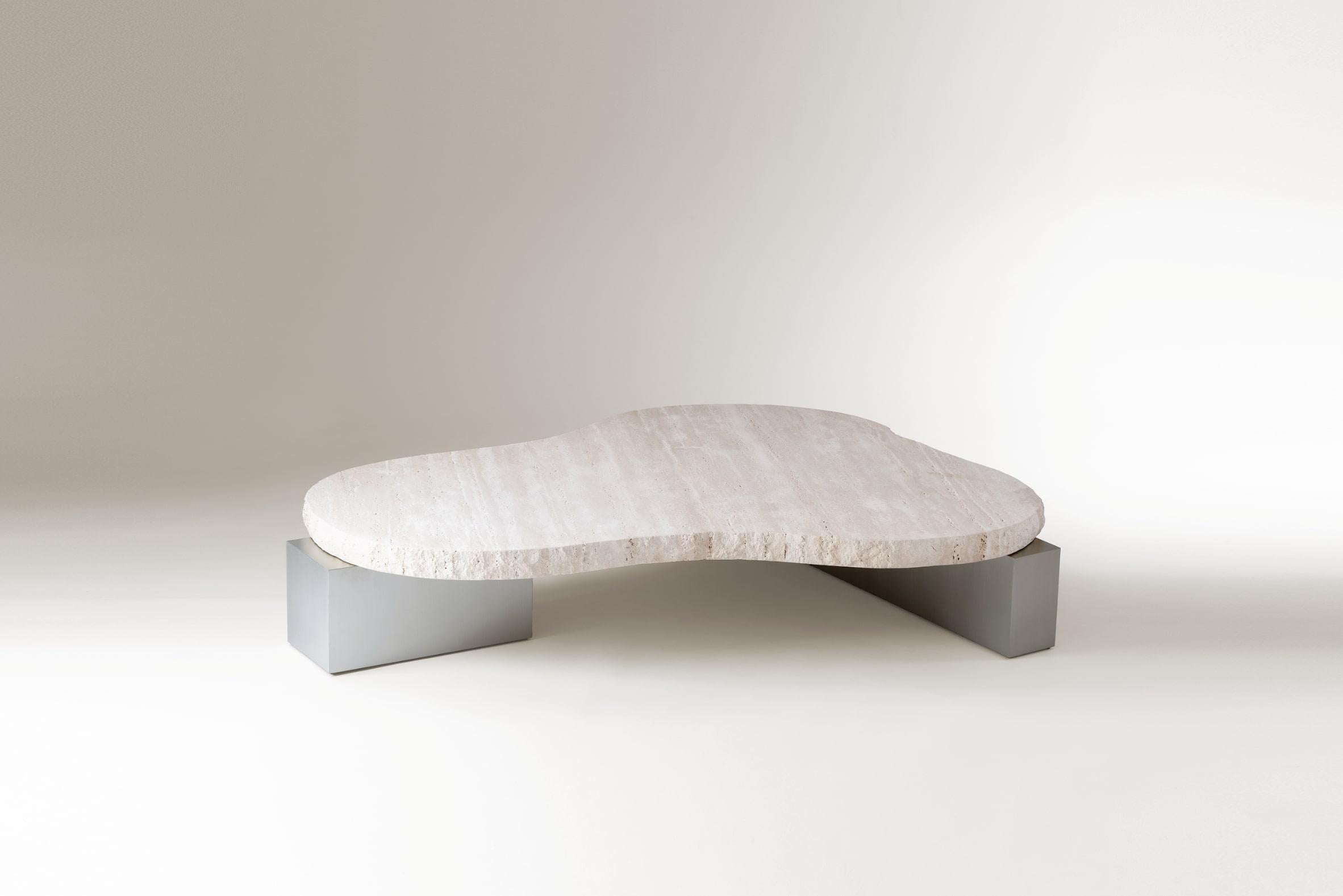 Futurist DOOQ Center Table in Travertine, Metal and Wood details. For Sale