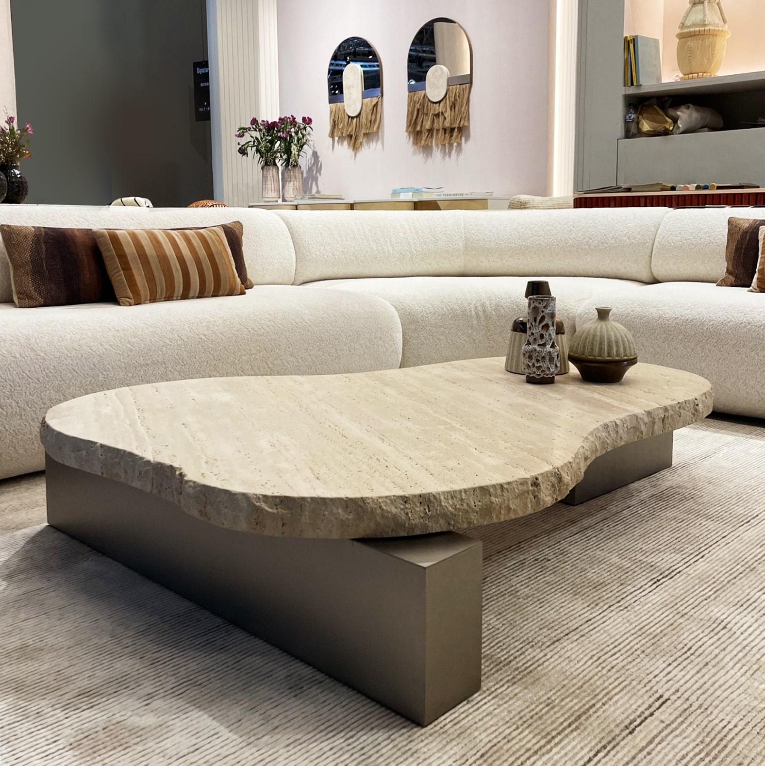 Contemporary DOOQ Center Table in Travertine, Metal and Wood details. For Sale