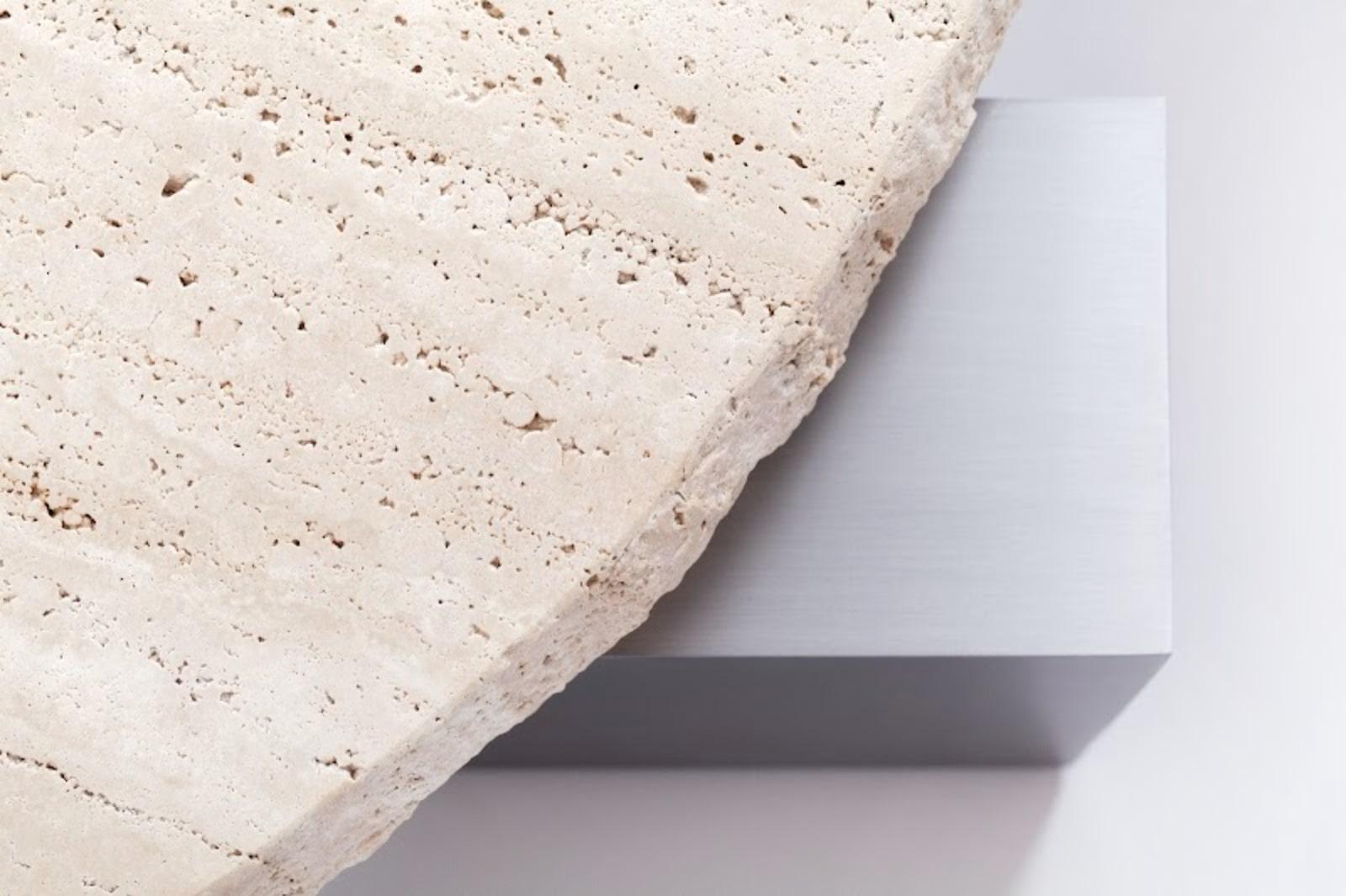 DOOQ Center Table in Travertine, Metal and Wood details. For Sale 2