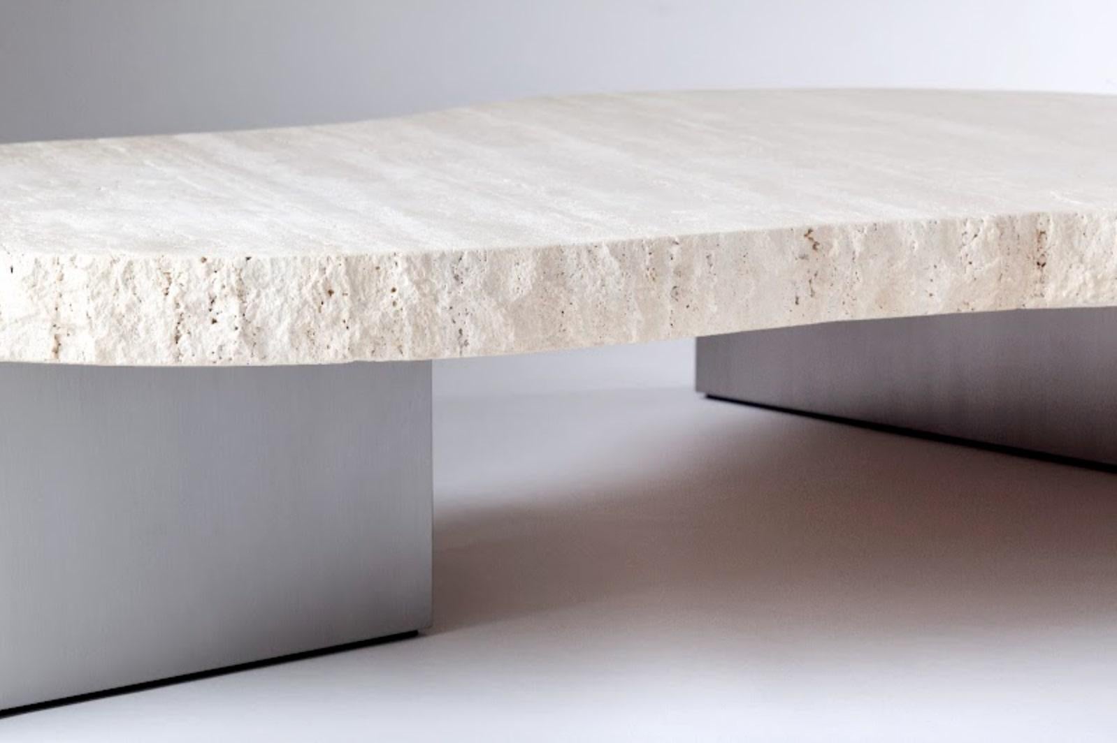 DOOQ Center Table in Travertine, Metal and Wood details. For Sale 3
