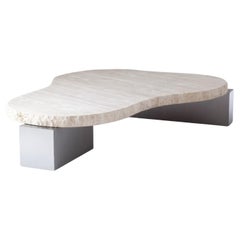 DOOQ Center Table in Travertine, Metal and Wood details.