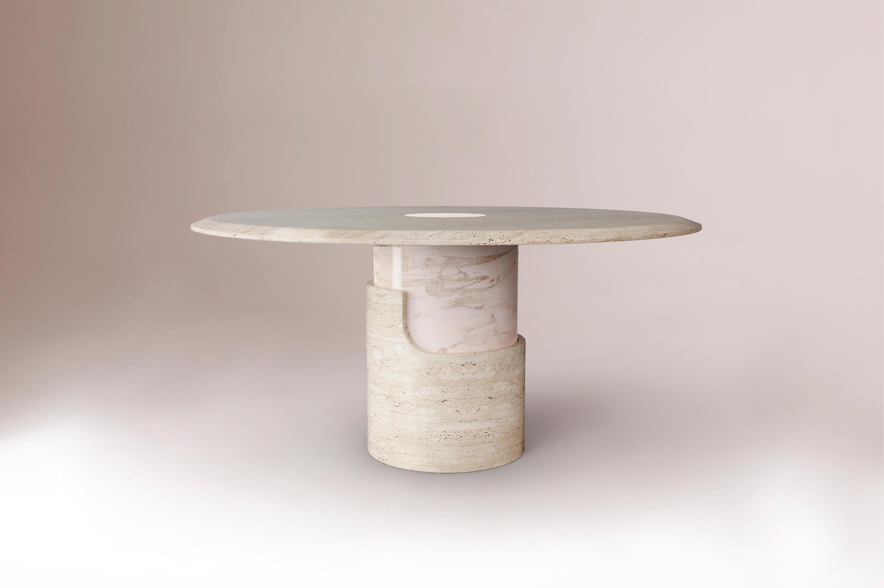 Celebrating a new invented reality, smooth and rough surfaces contrast with one another giving way to a new approach in shape and balance. Braque dinner table shows a torn and fragmented form, exposing the inner core of its base, which can be seen
