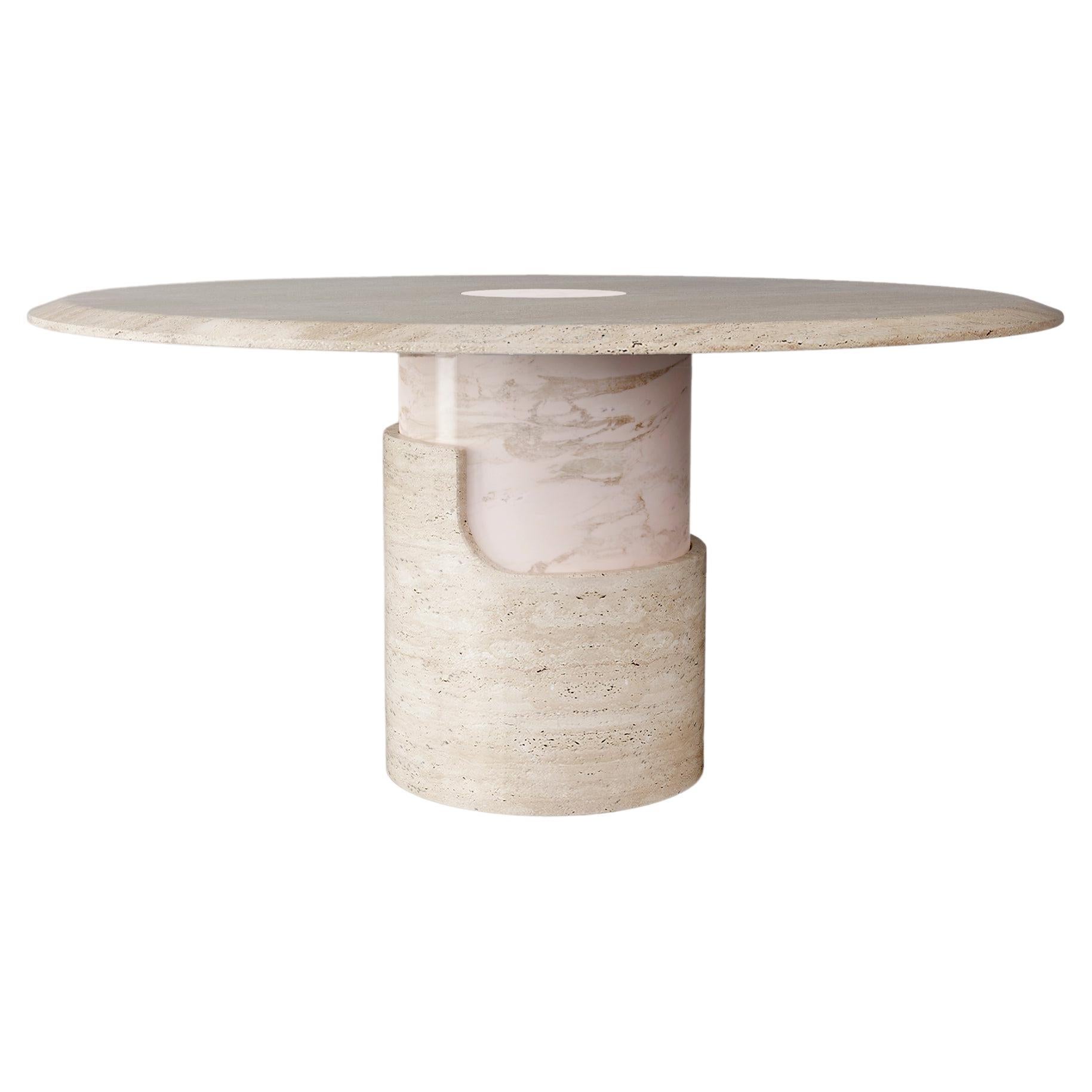 Dooq Dinner Table in Travertine and Estremoz Rose Marble Braque, D=150 cm For Sale