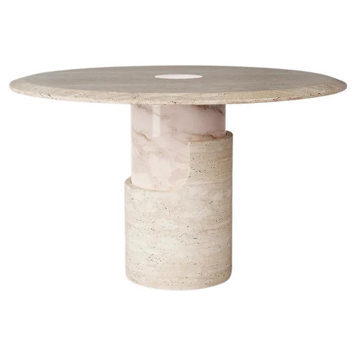 Dooq Dinner Table in Travertine and Estremoz Rose Marble Braque, D=120 cm