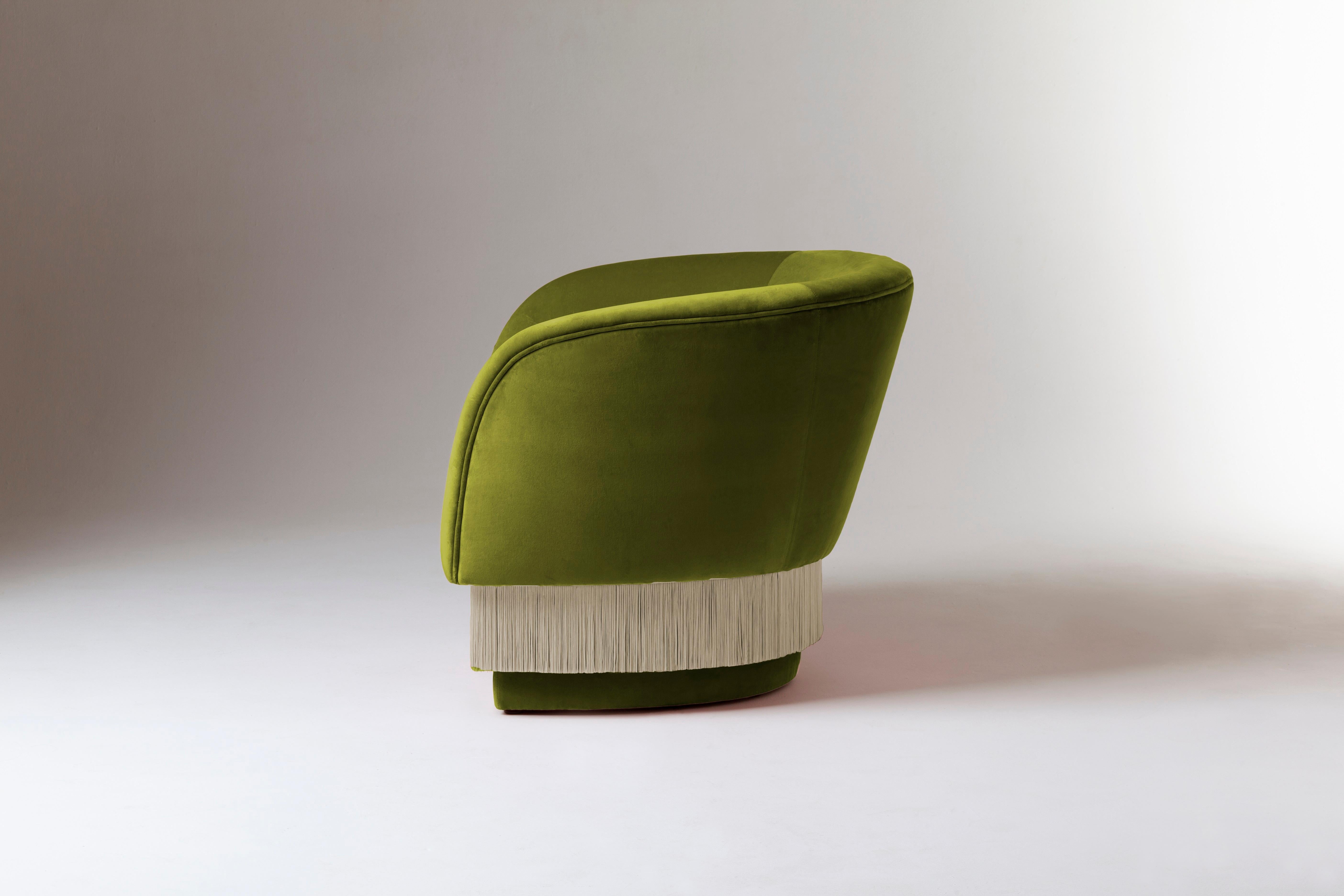 Mid-Century Modern DOOQ Lounge Armchair with Soft Kiwi Velvet and Light Silk Fringes La Folie For Sale