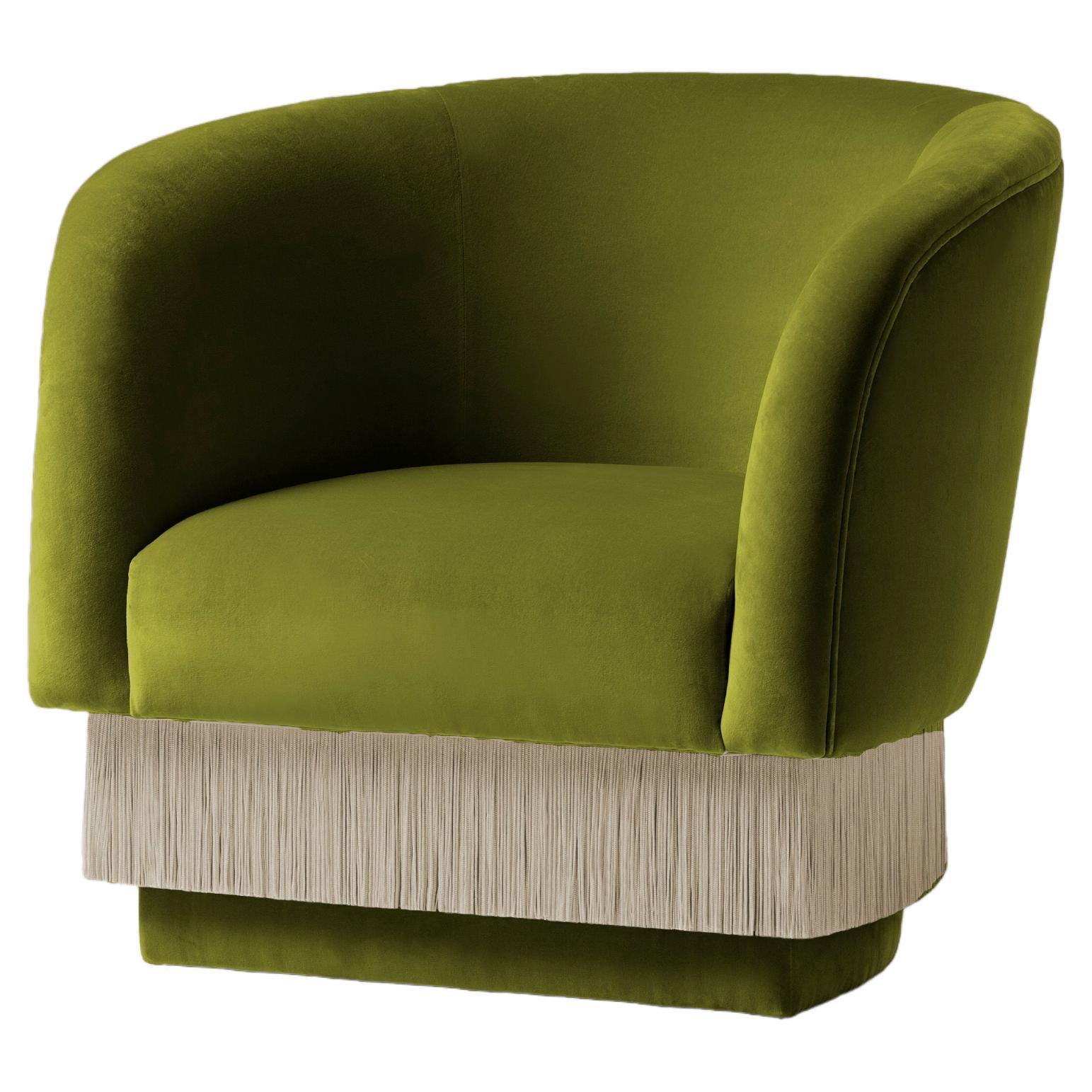 DOOQ Lounge Armchair with Soft Kiwi Velvet and Light Silk Fringes La Folie For Sale