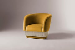 DOOQ Lounge Armchair with Soft Yellow Cotton Velvet and Light Fringes La Folie