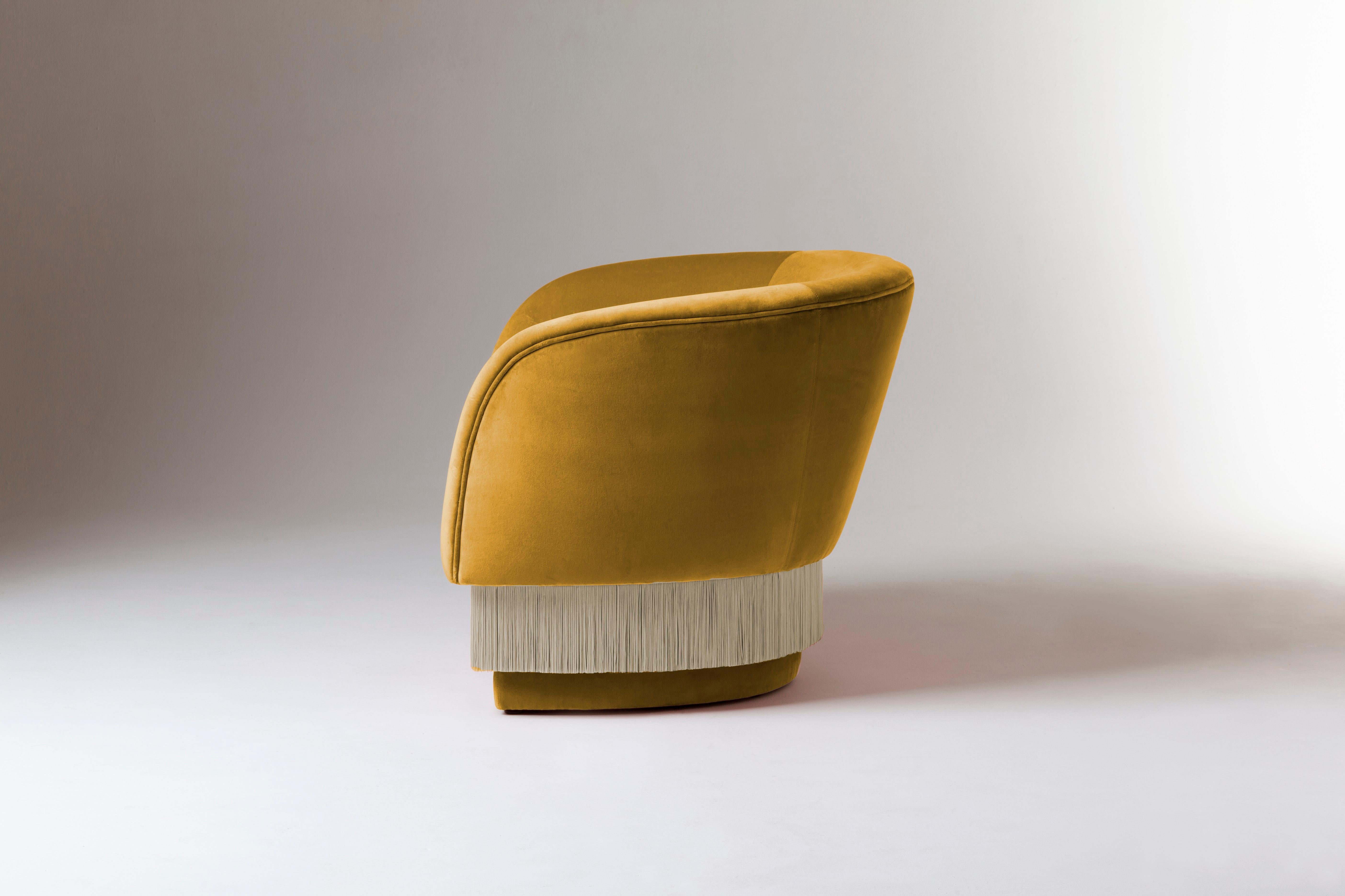 Mid-Century Modern DOOQ Lounge Armchair with Soft Yellow Cotton Velvet and Light Fringes La Folie For Sale