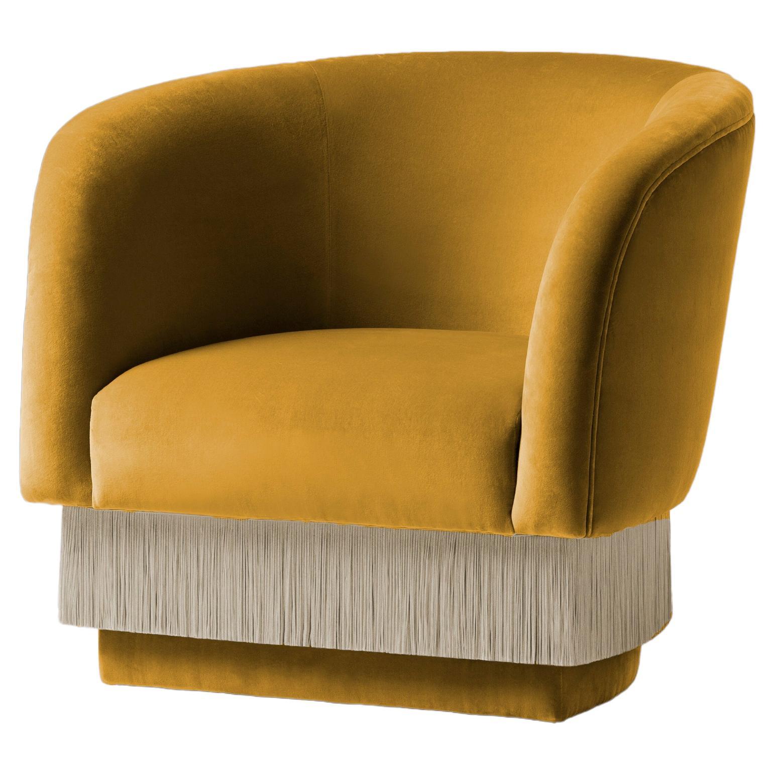 DOOQ Lounge Armchair with Soft Yellow Cotton Velvet and Light Fringes La Folie