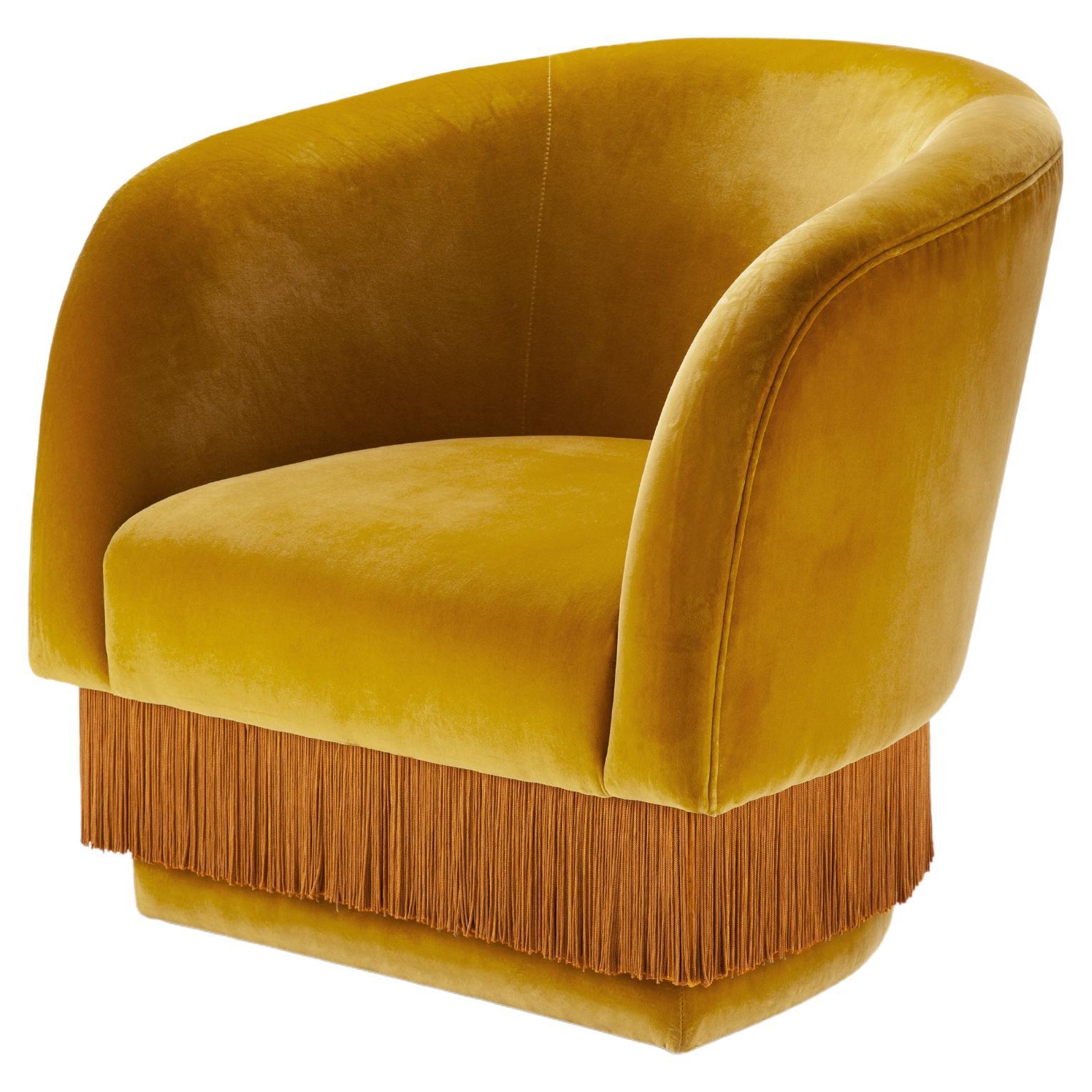 DOOQ Lounge Armchair with Soft Yellow Cotton Velvet and Silk Fringes La Folie
