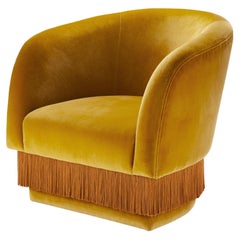 DOOQ Lounge Armchair with Soft Yellow Cotton Velvet and Silk Fringes La Folie